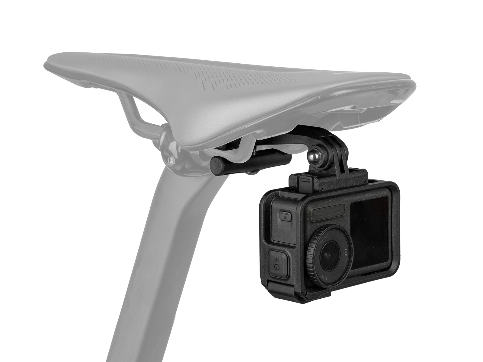 Topeak F35 Halterung für Action Kamera unter dem Fahrradsattel montiert, seitliche Ansicht.