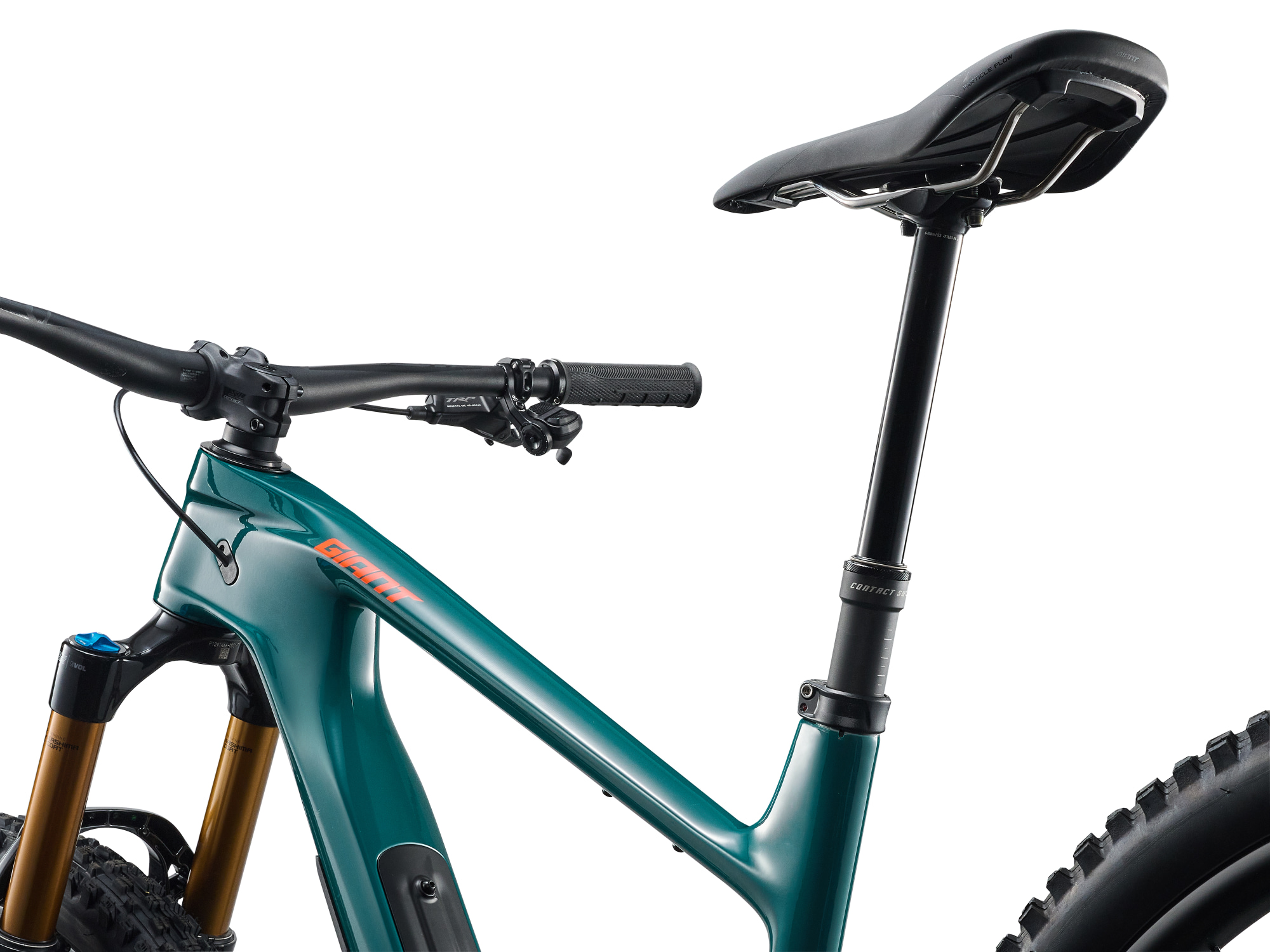 Giant Trance X Advanced 1 Mountainbike in Abyss Teal mit Vario-Sattelstütze und breitem Lenker.