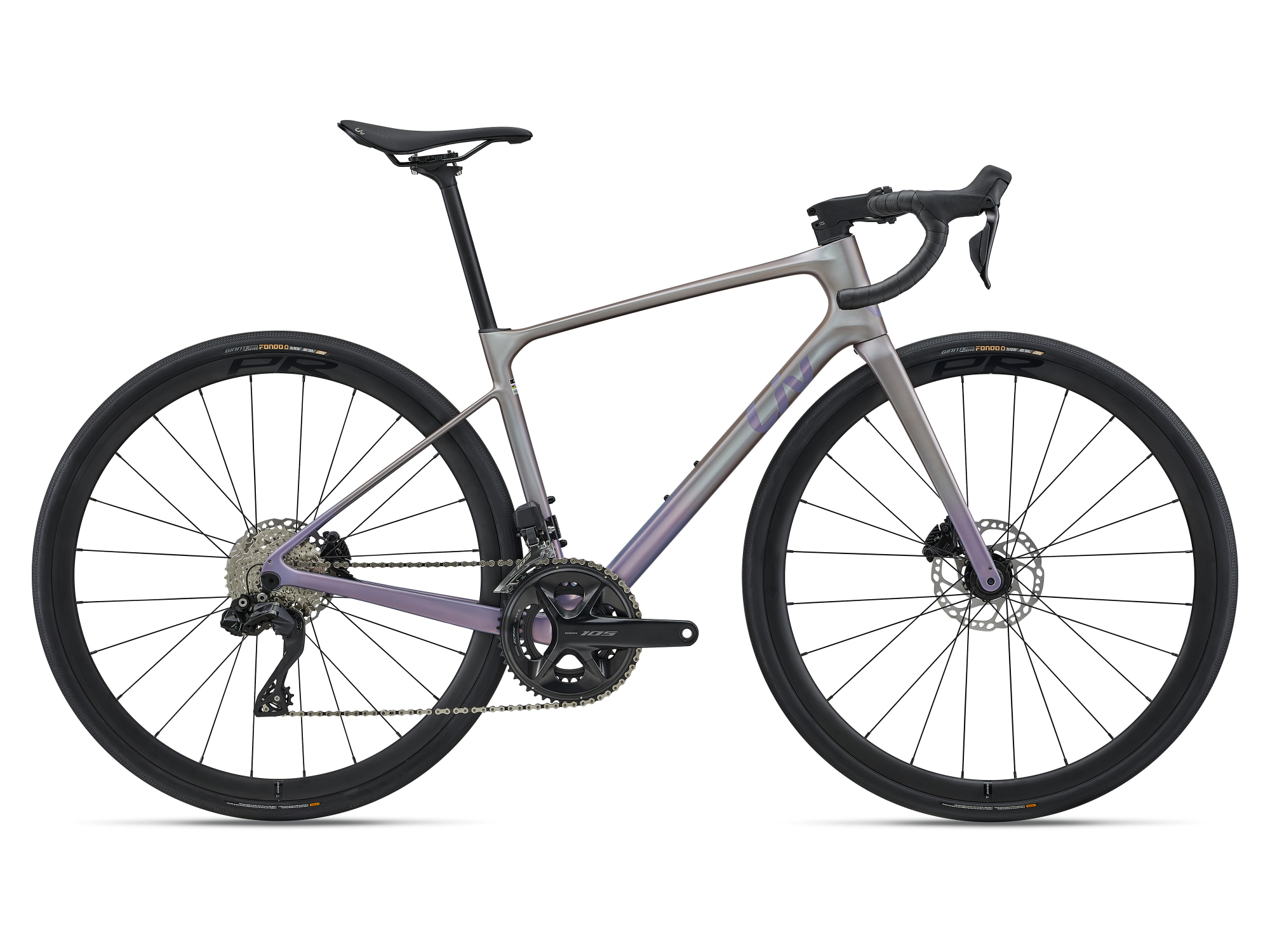 Liv Avail Advanced 1 Rennvelo in Shell White mit Carbonrahmen und Scheibenbremsen in Seitenansicht.