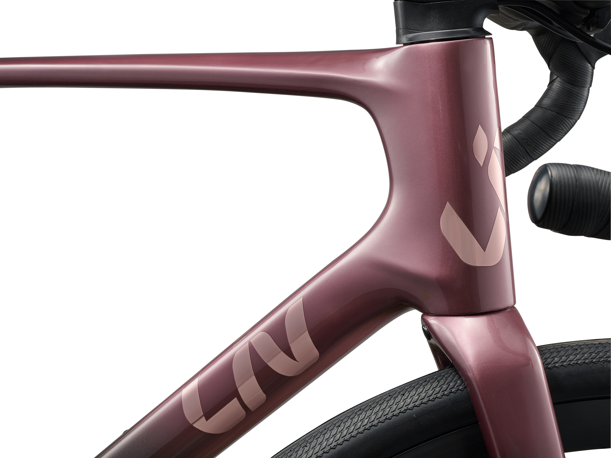 Liv Damen-Rennrad Avail Advanced 1 aus Carbon in der Farbe rouge-carbon, mit Shimano 105 und schwarzen Komponenten, Detailansicht Steuerrohr von der Seite