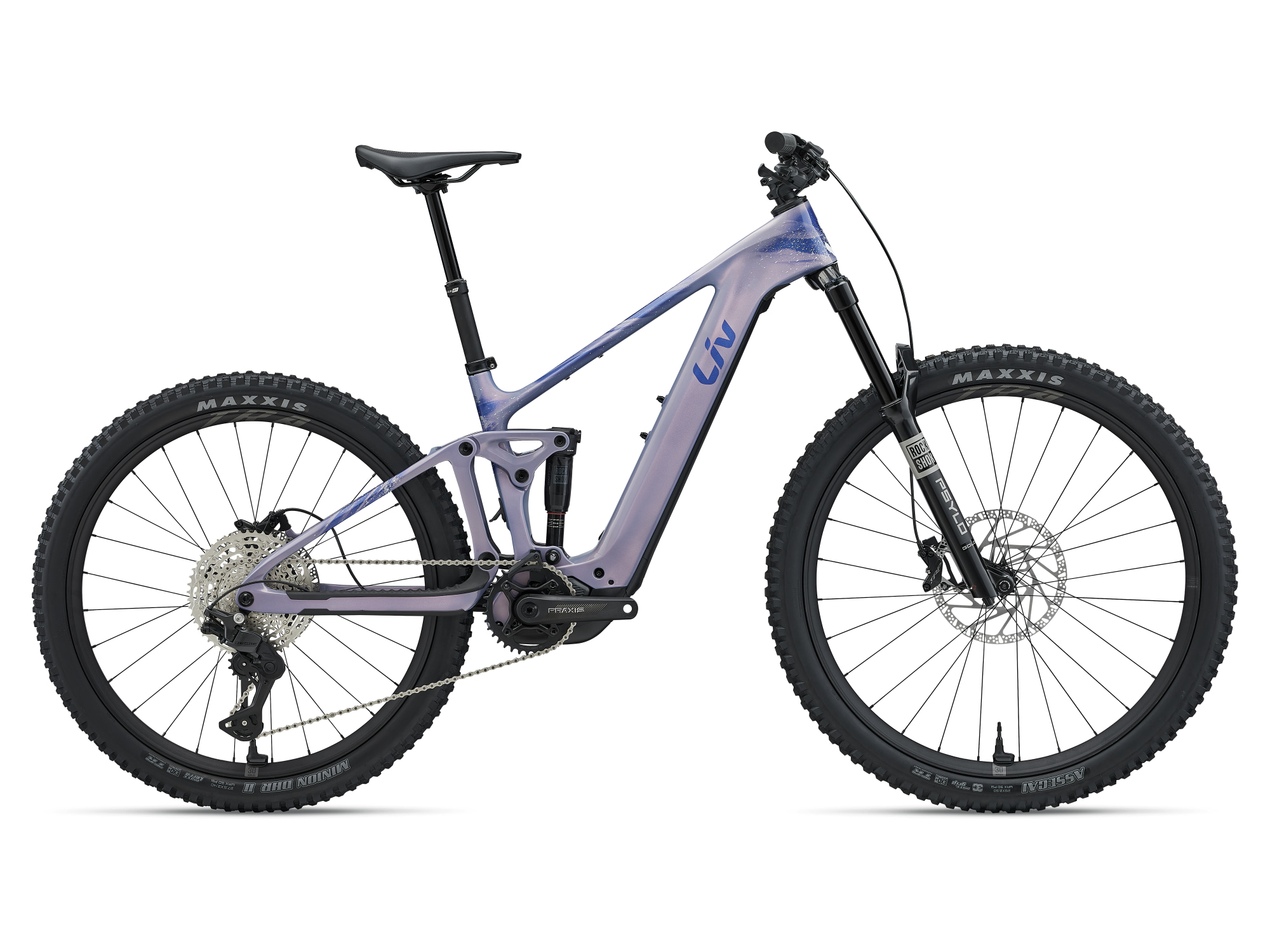 Liv Intrigue Advanced E+ 2 E-Mountainbike in Ember Violet mit Vollfederung in Seitenansicht.