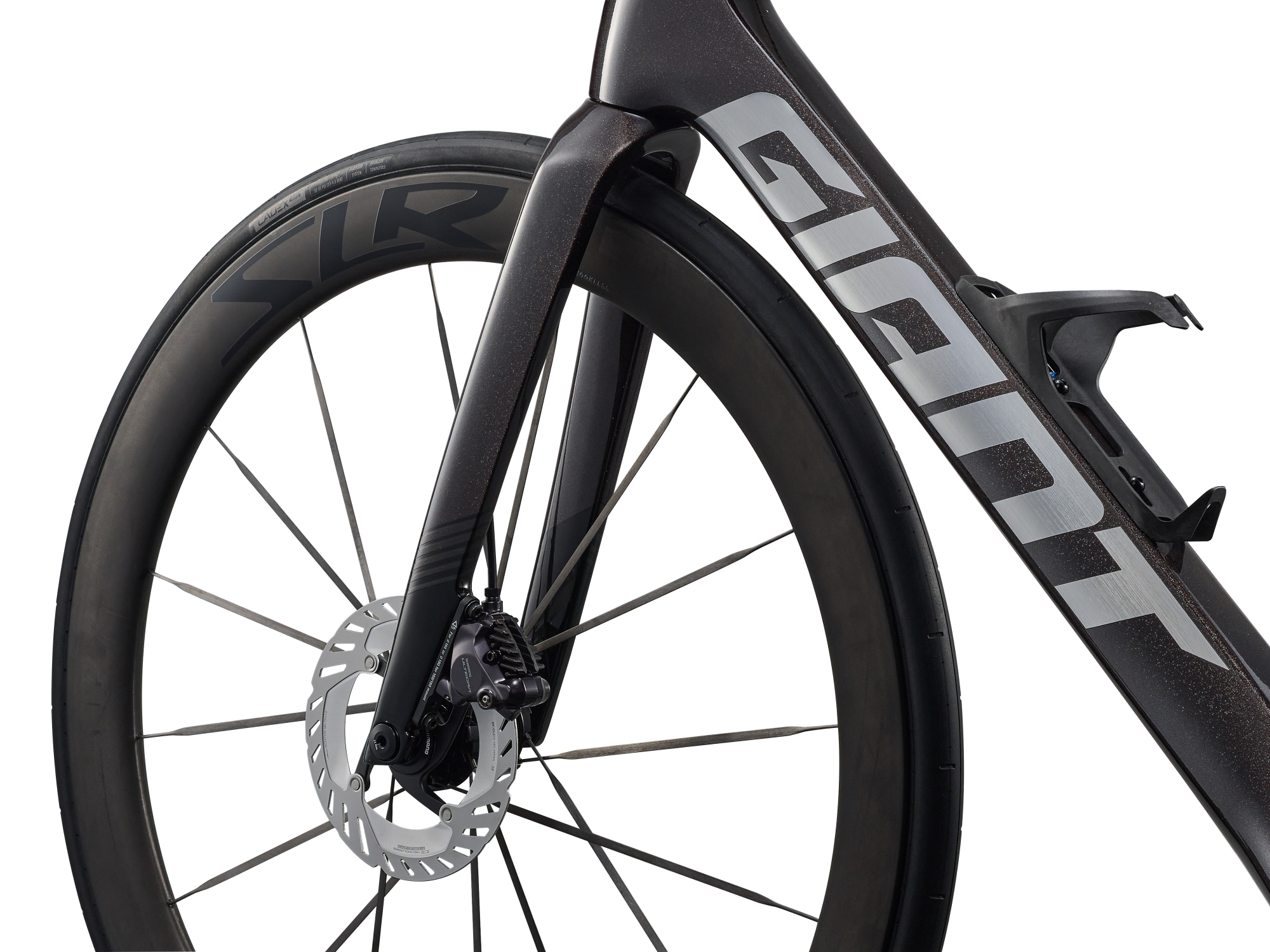 Giant Propel Advanced Pro 0 Di2 Rennrad in Obsidian Pulse mit Aero-Vorderrad und Scheibenbremse.