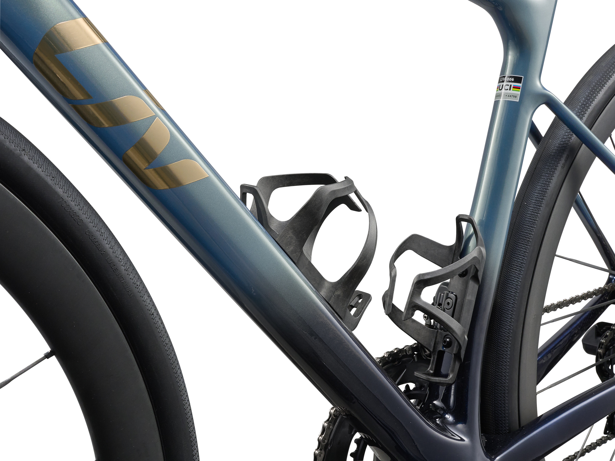 Liv Avail Advanced Pro 0 Rennrad in Midnight Pine mit integriertem Flaschenhalter und Rahmen-Detail.