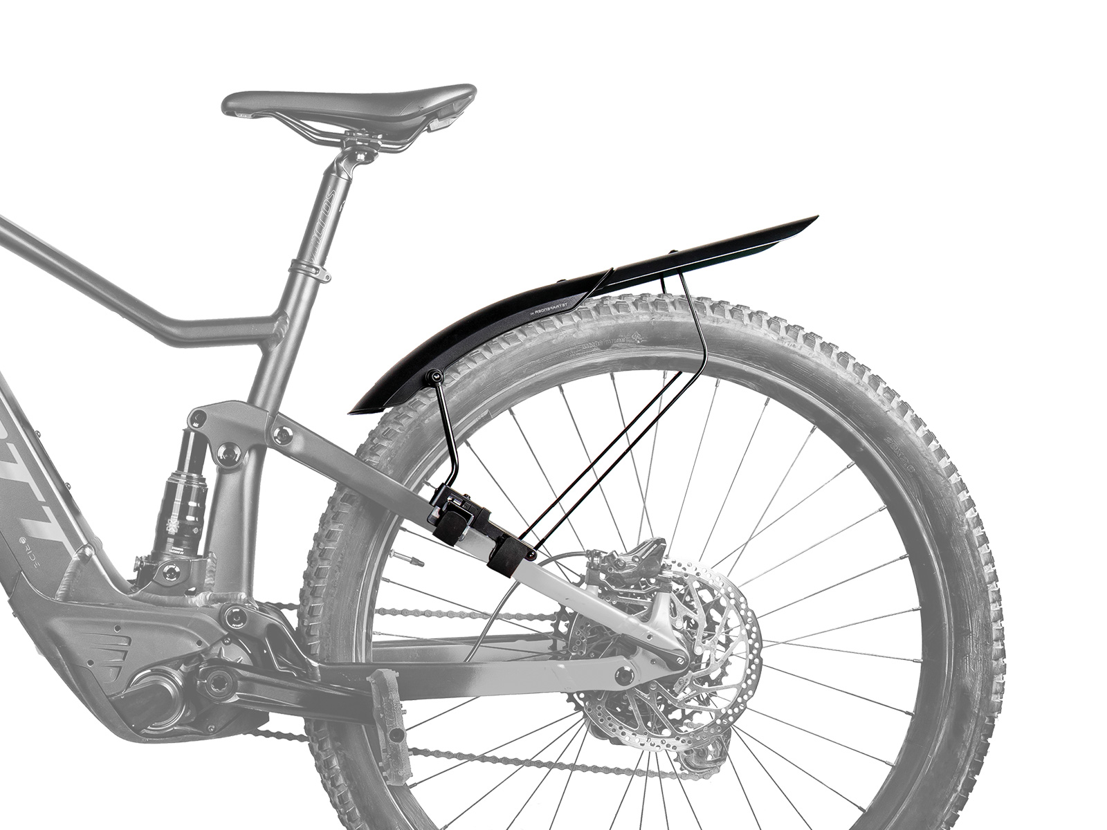 Schwarz-weiss Darstellung eines Fahrrads mit montiertem Topeak TetraFender M2 Schutzblech am Hinterrad.