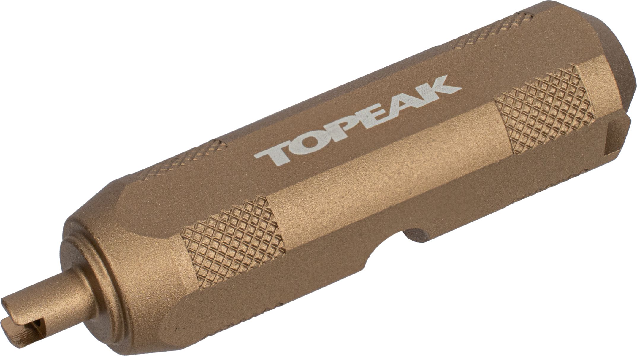 Topeak Ventil-Werkzeug Team Issue in Gold, kompakte Ansicht des 3-in-1 Ventiltools aus Aluminium.