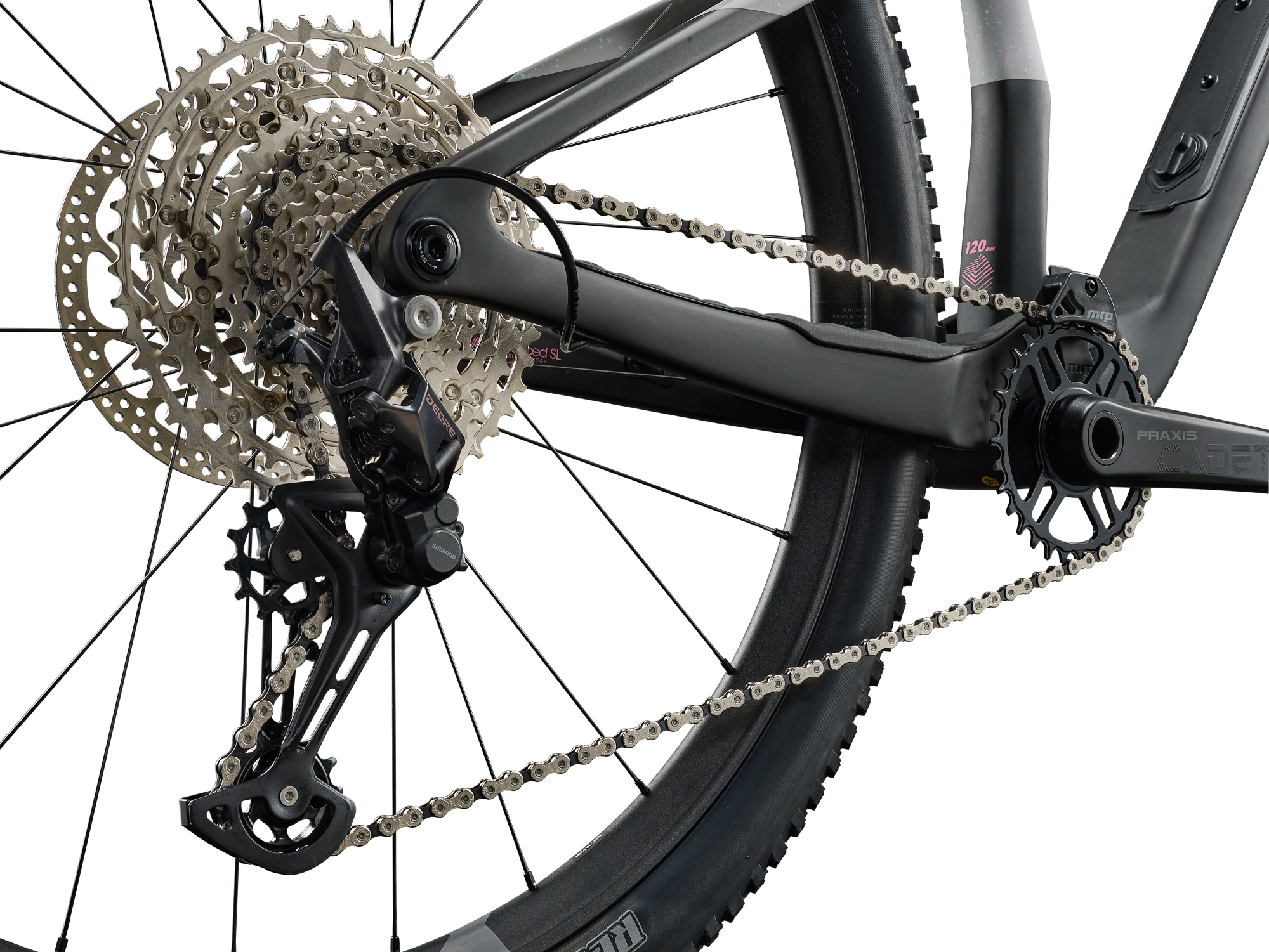 Giant Anthem X Advnaced SL 3 Fullsuspension MTB aus Carbon in hell- dunkelgrau, Detailansicht Hinterbau mit Schaltung