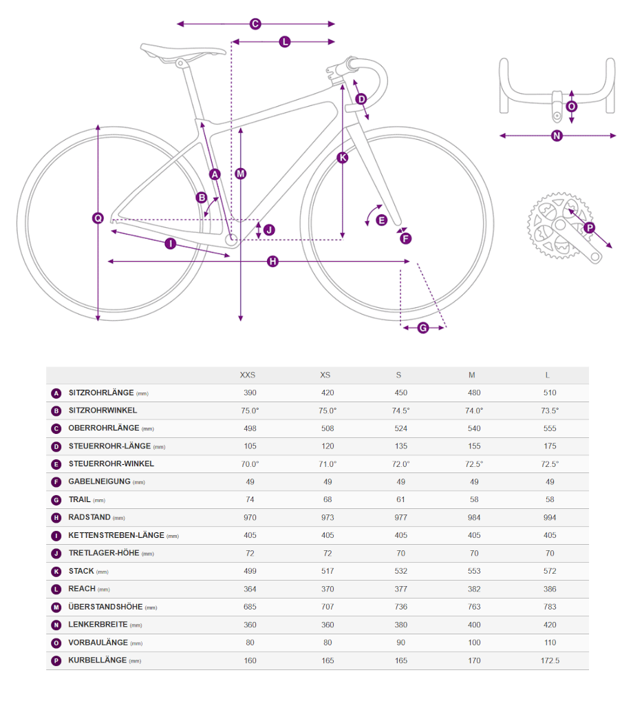 Geometriedaten in Tabellenform mit Legende für Liv Langma Advanced PRO 
