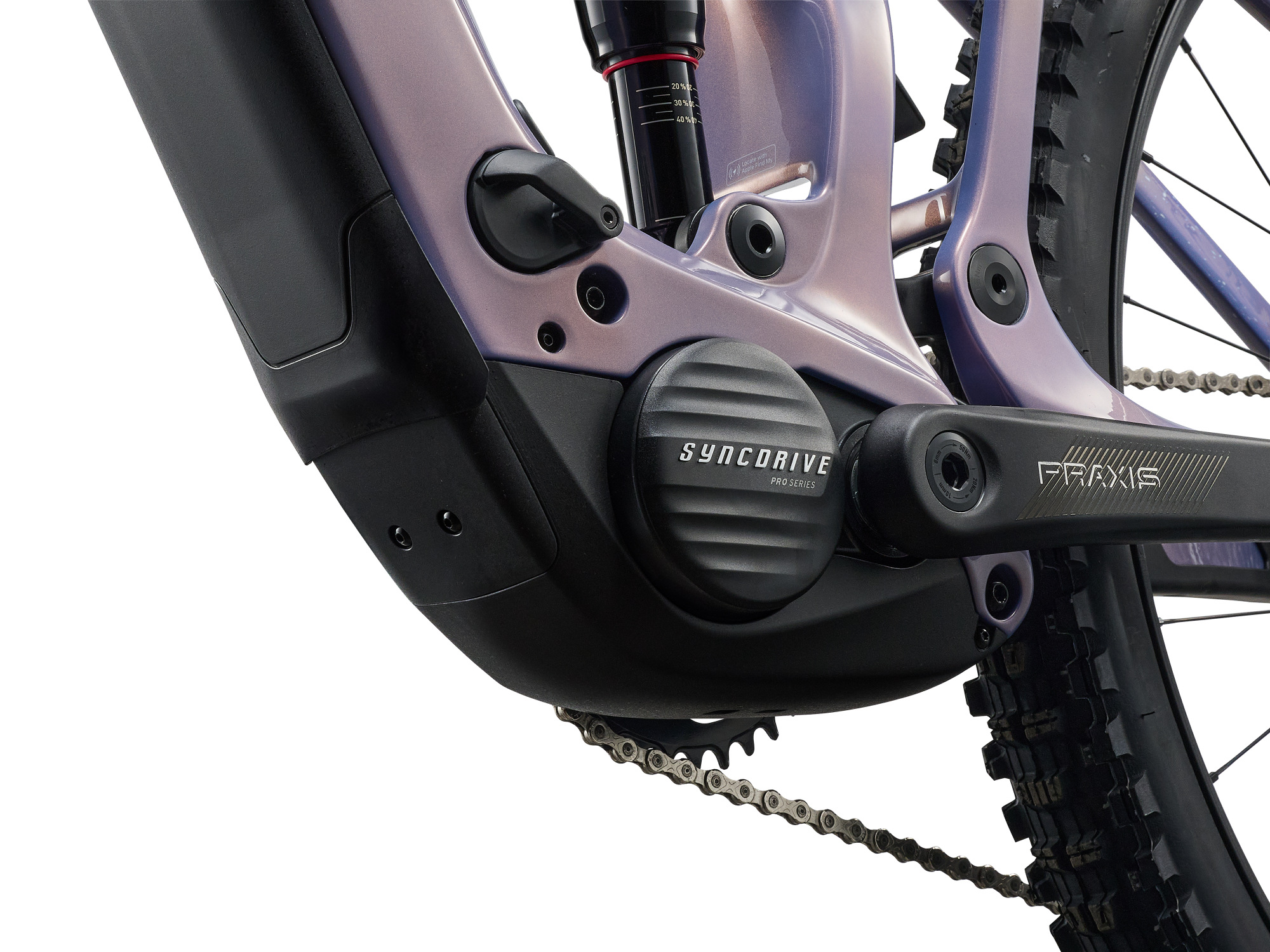Liv Intrigue Advanced E+ 2 E-Mountainbike in Ember Violet mit SyncDrive Motor in Detailansicht.