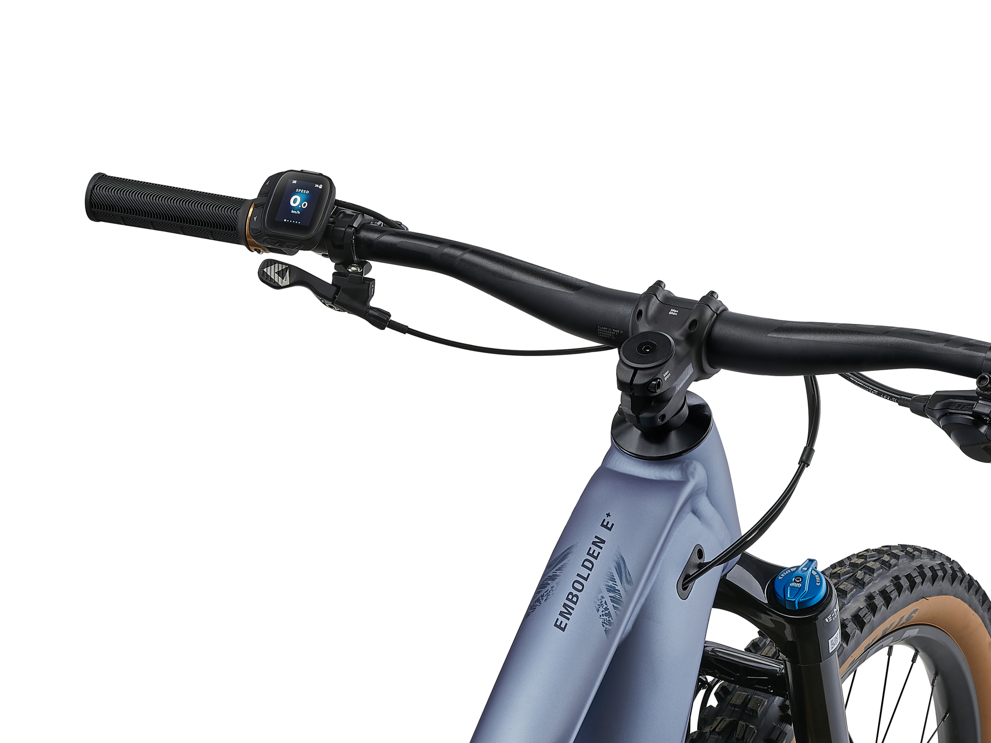 Liv Embolden E+ 0 E-Mountainbike mit Lenker, Display und Federgabel im Detail.