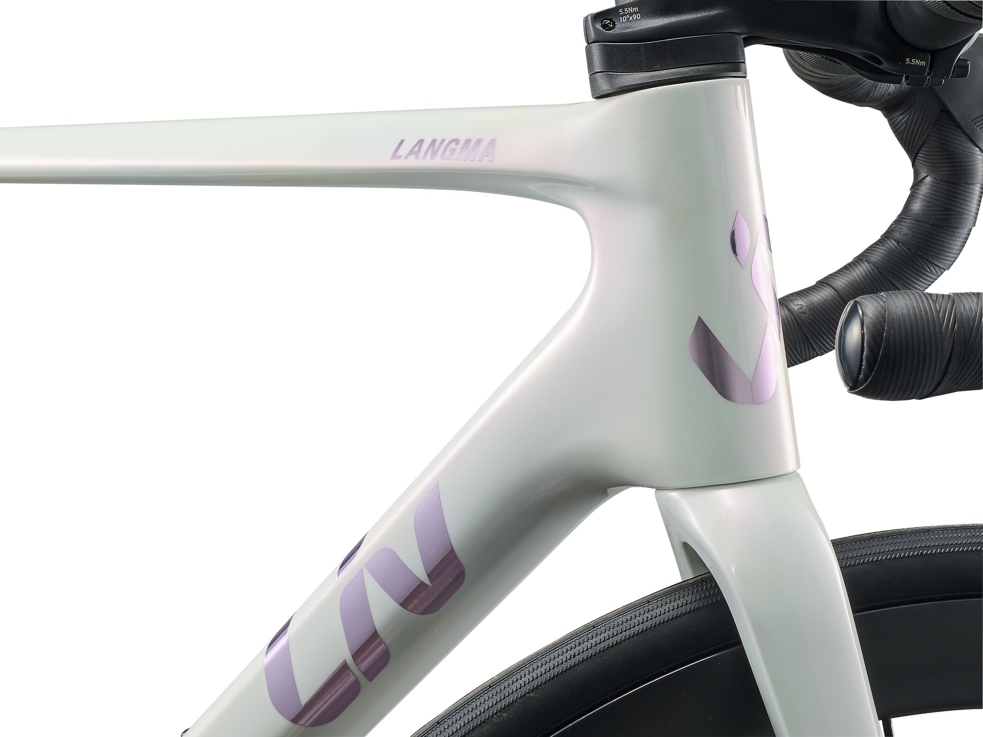 Liv Damenrennrad Langma Advanced PRO 1 AXS mit Carbon-Rahmen, Rahmen in weiss mit silbern/rosaner Aufschrift, Detailansicht Steuerkopf
