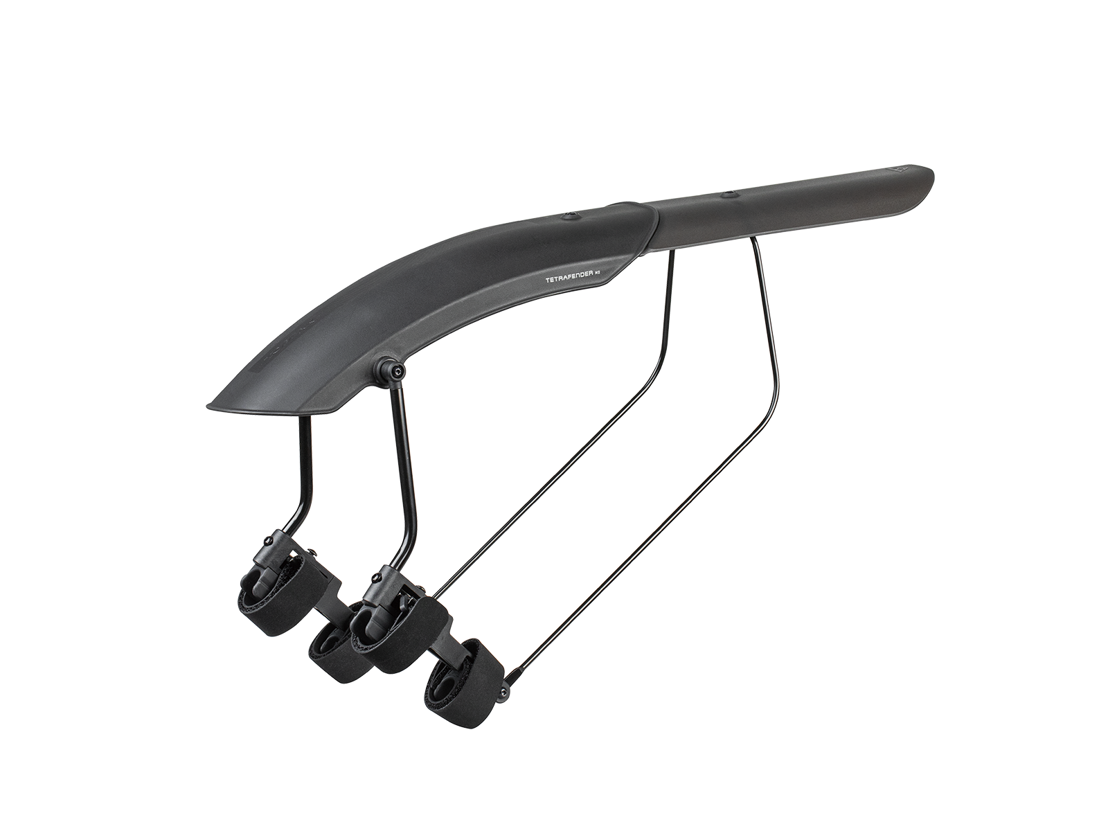 Topeak TetraFender M2 Schutzblech in langer Version, Seitenansicht mit Klettgurten und Aluminiumstreben.