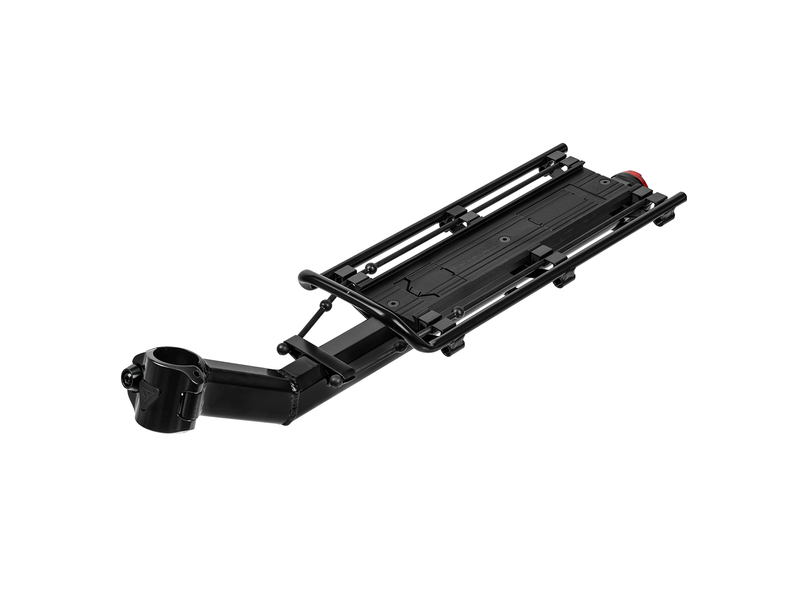 : Schwarzer Topeak BeamRack V-Type Gepäckträger in schräger Ansicht, mit Befestigungsklemme für die Sattelstütze und flacher Ladefläche mit seitlichen Schutzbügeln, auf weißem Hintergrund.