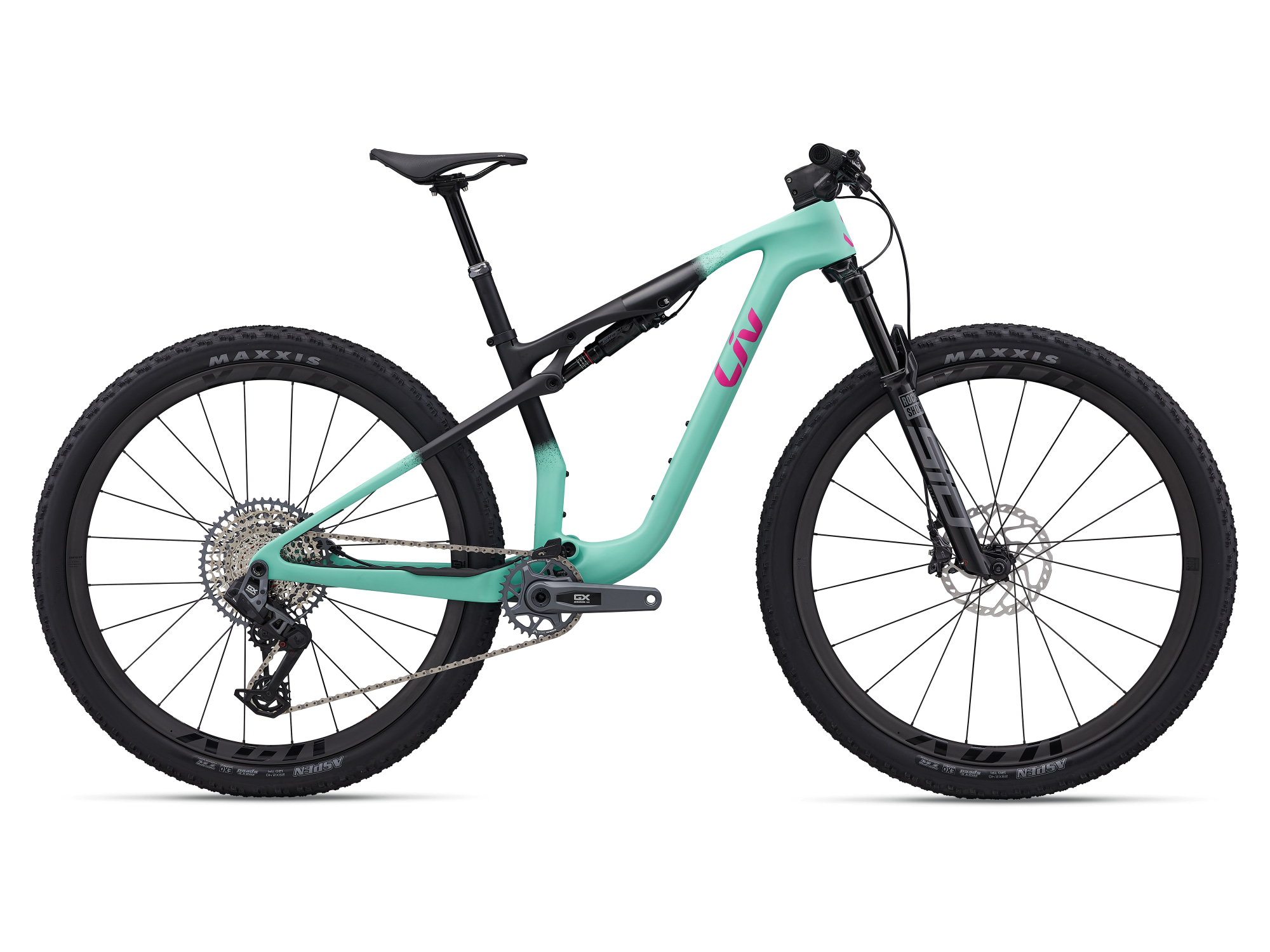 Liv Pique Advanced SL 1 Mountainbike in Lake Green mit Carbonrahmen und RockShox-Federgabel.