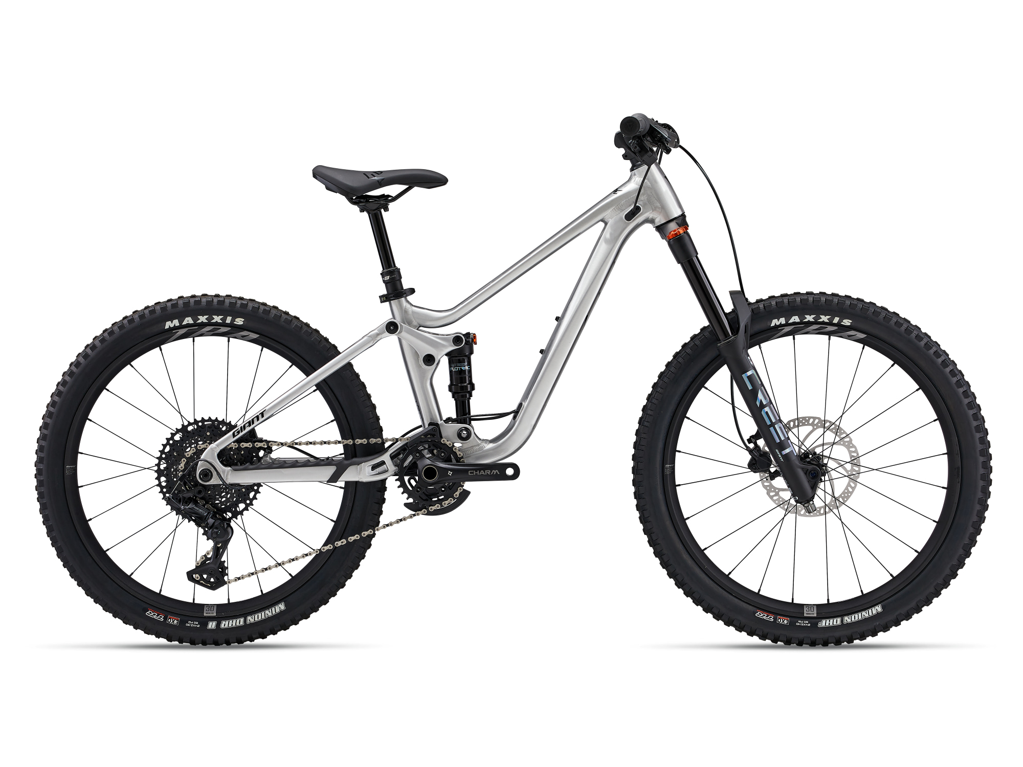 Giant Faith 24 Mountainbike in Raw Aluminium mit Vollfederung und 24-Zoll-Laufrädern in Seitenansicht.