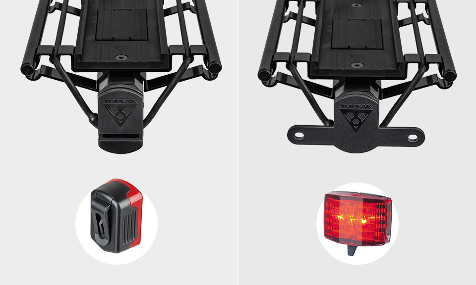 Topeak MTX BeamRack Gepäckträger A-Type zur Montage an der Sattelsütze in schwarz, Ansicht von hinten mit Aufnahmen für verschiedene Rücklichter