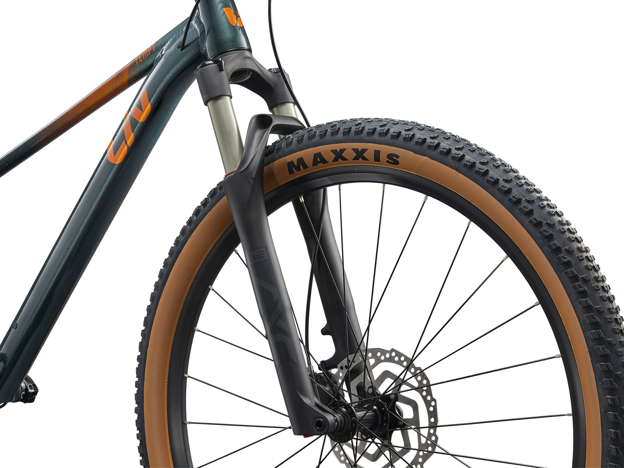 Liv MTB Hardtail in dunkelgrün mit oranger Aufschrift, Federgbel, Detailansicht Federgabel