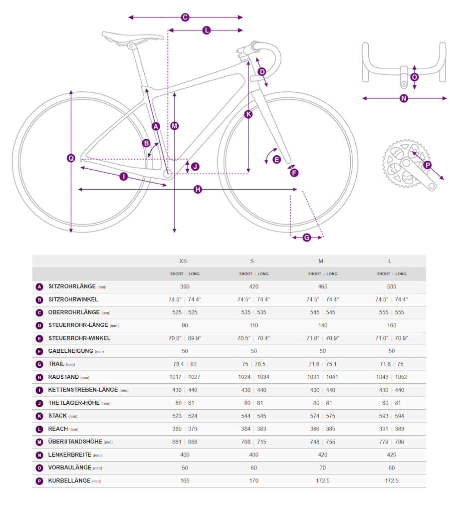 Geometriedaten in Tabellenform mit Legende vom LIV Devote Gravelbike für Frauen