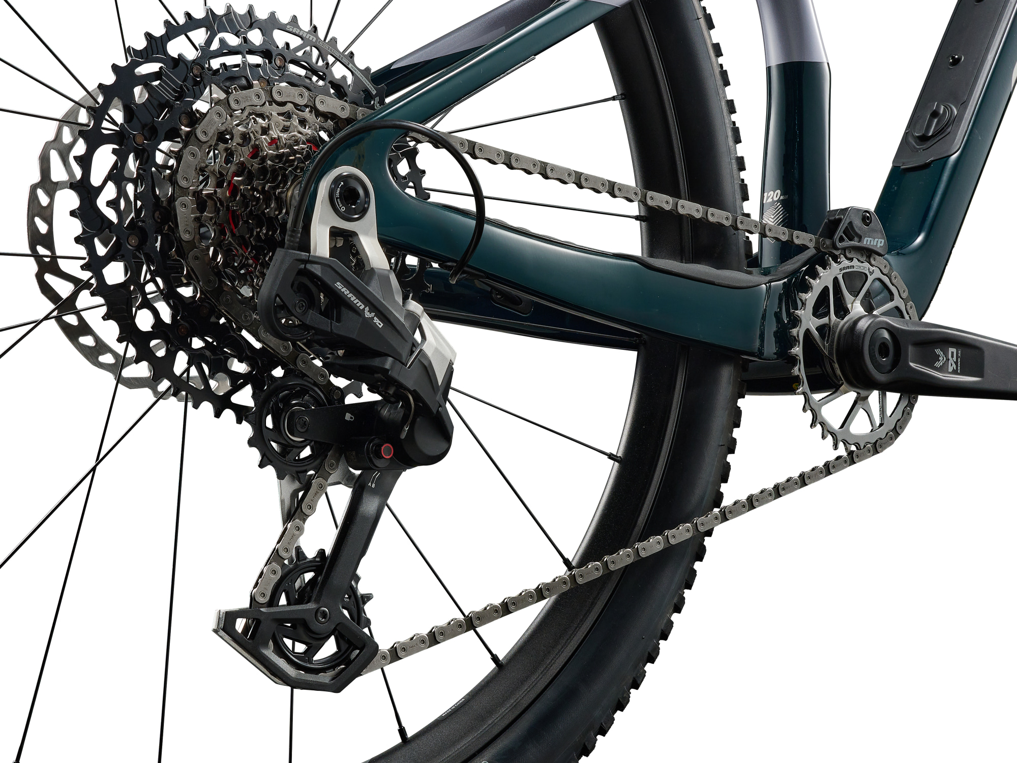 Giant Anthem Advanced SL 2 Full-Suspension MTB aus Carbon in dunkelgründ-silber, Detailansicht Hinterbau mit Schaltwerk und Kassette