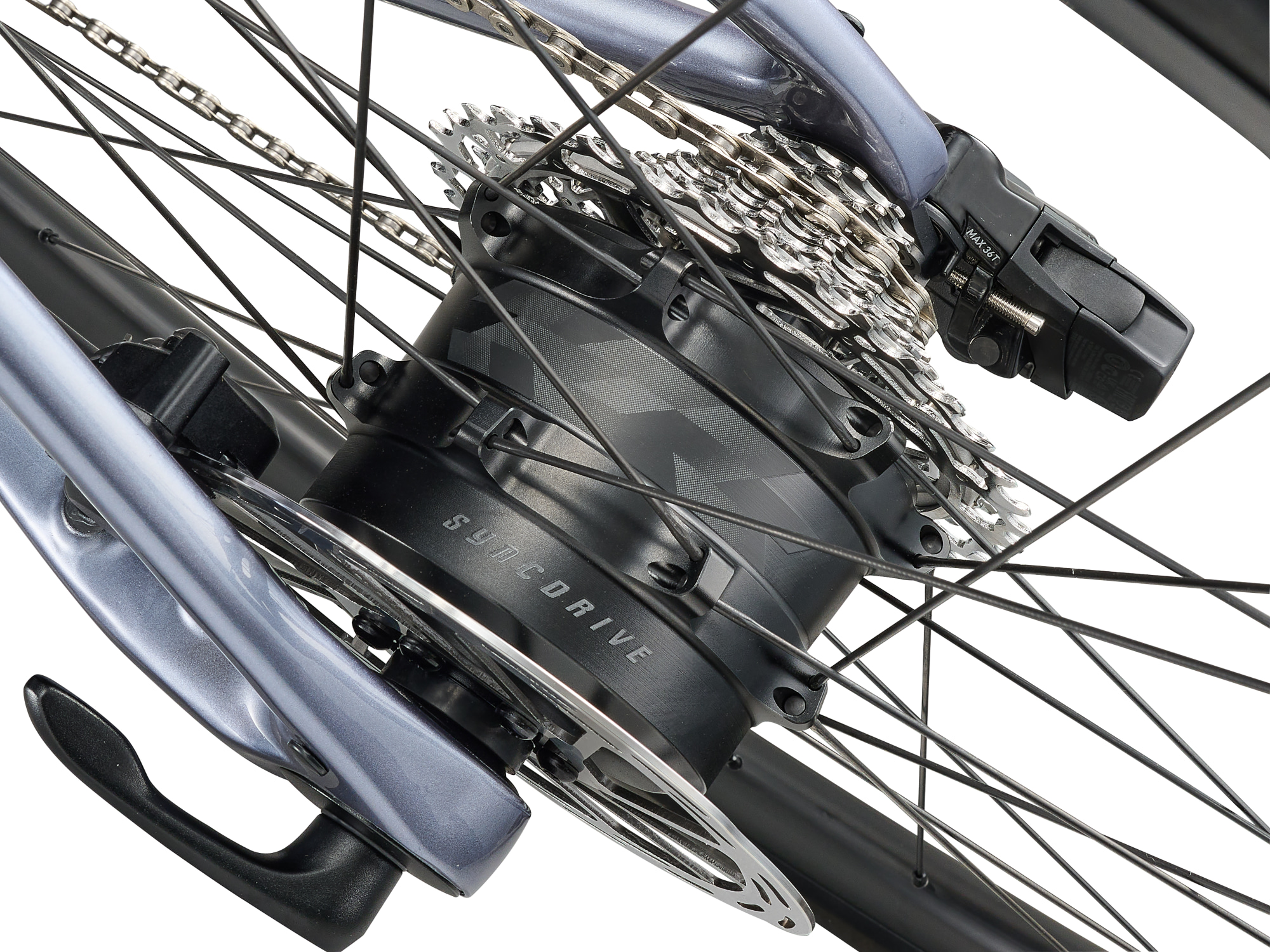 Giant Defy Advanced E+ Elite 2, E-Rennrad mit Carbonrahmen in silber, Detailansicht Motor in Hinterradnabe