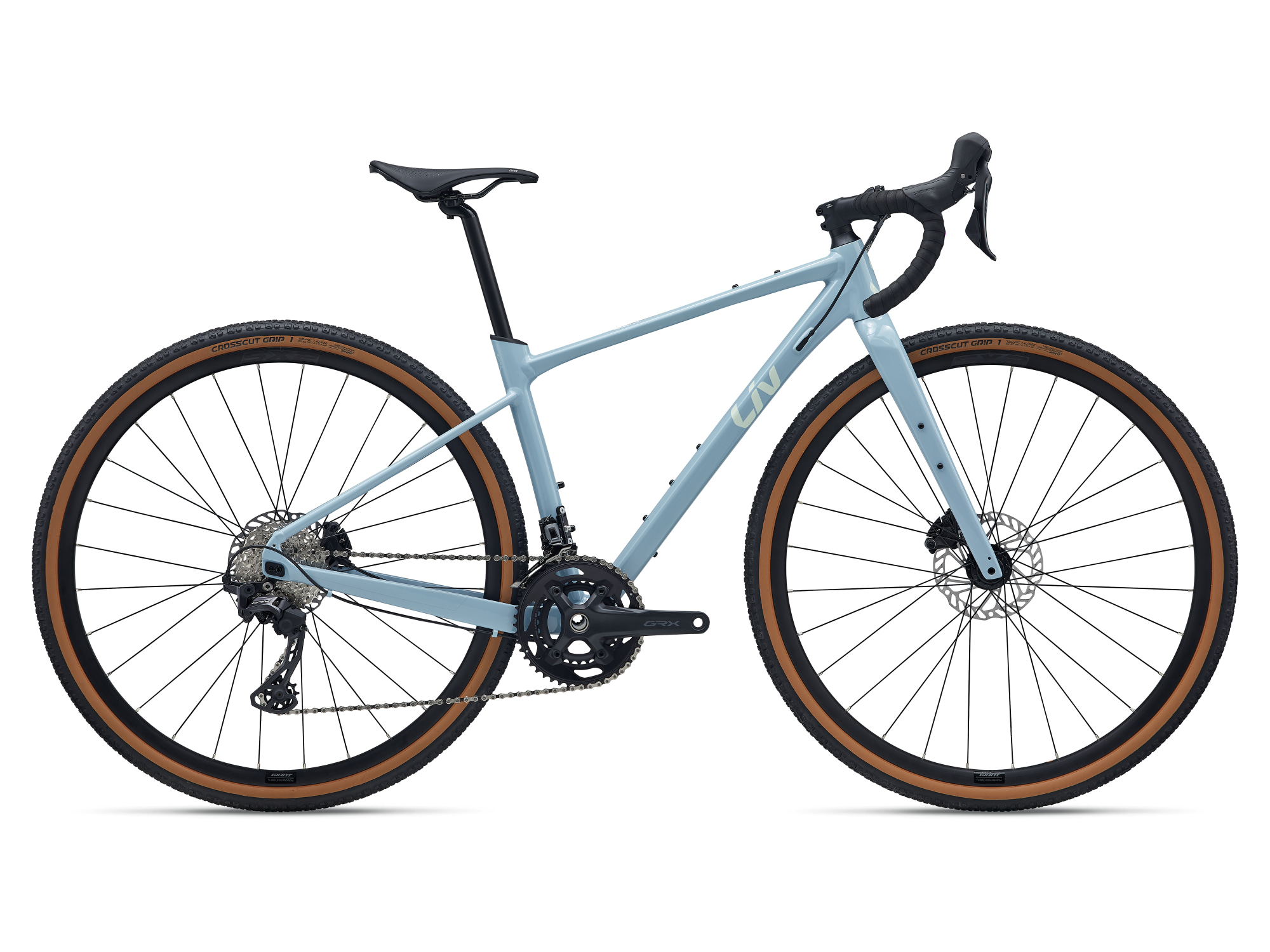 Liv Damen-Gravelbike in himmelblau, Seitenansicht mit schwarzen Komponenten und schwarz braunen Reifen