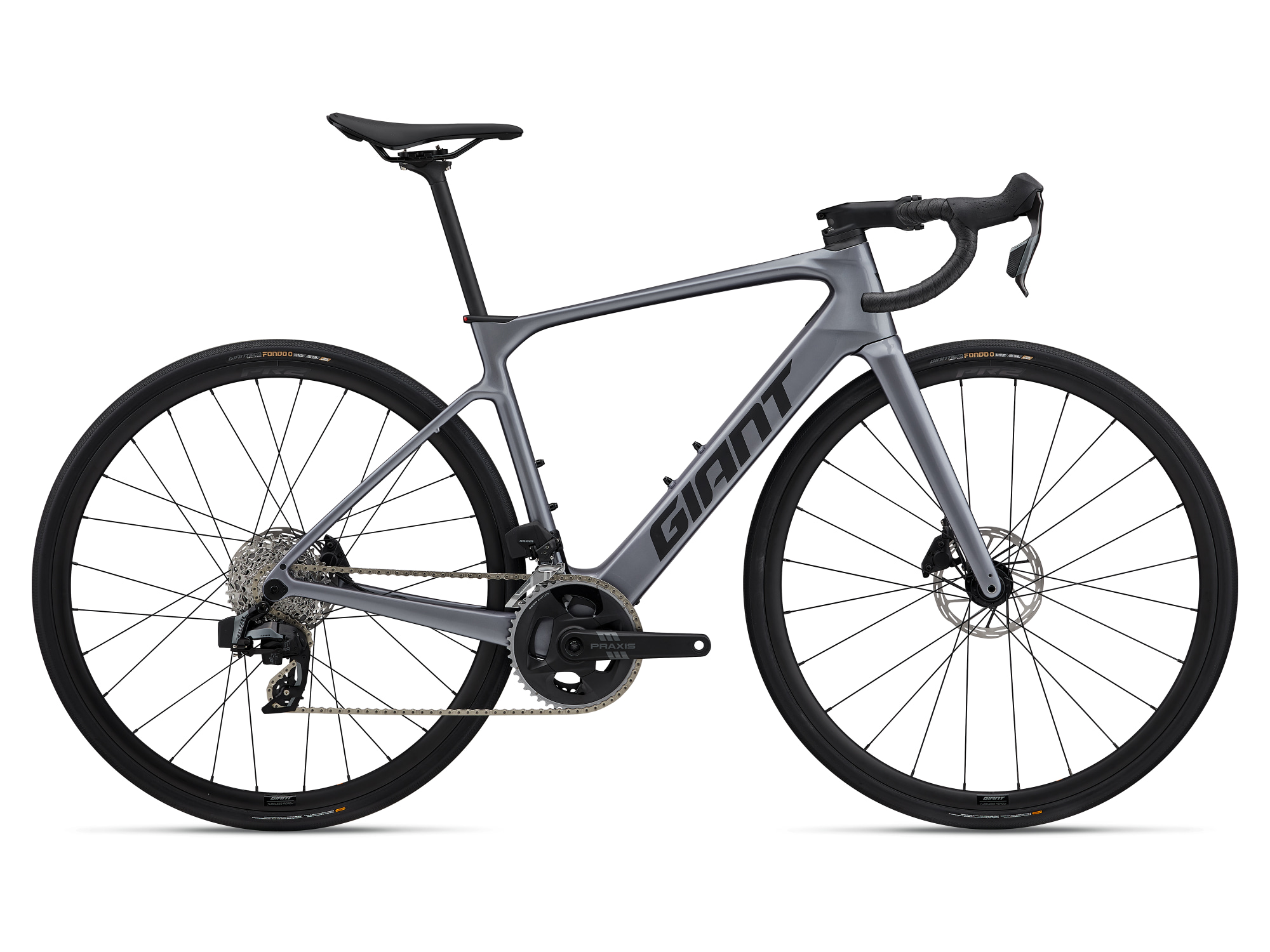 Giant Defy Advanced E+ Elite 2, E-Rennrad mit Carbonrahmen in silber, Seitenansicht
