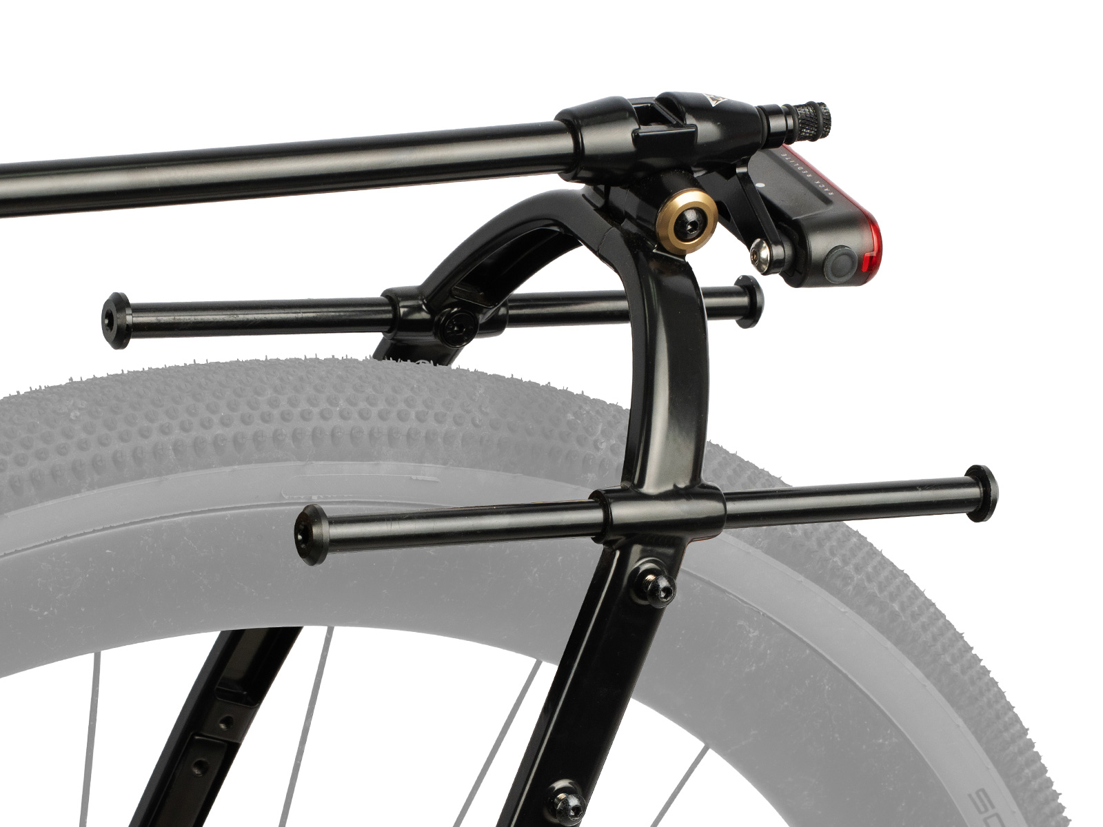 Topeak Zirak Pannier-Bar Gepaecktraegerstreben in Schwarz mit montierter Ruecklichtaufnahme und Detailansicht am Rad.