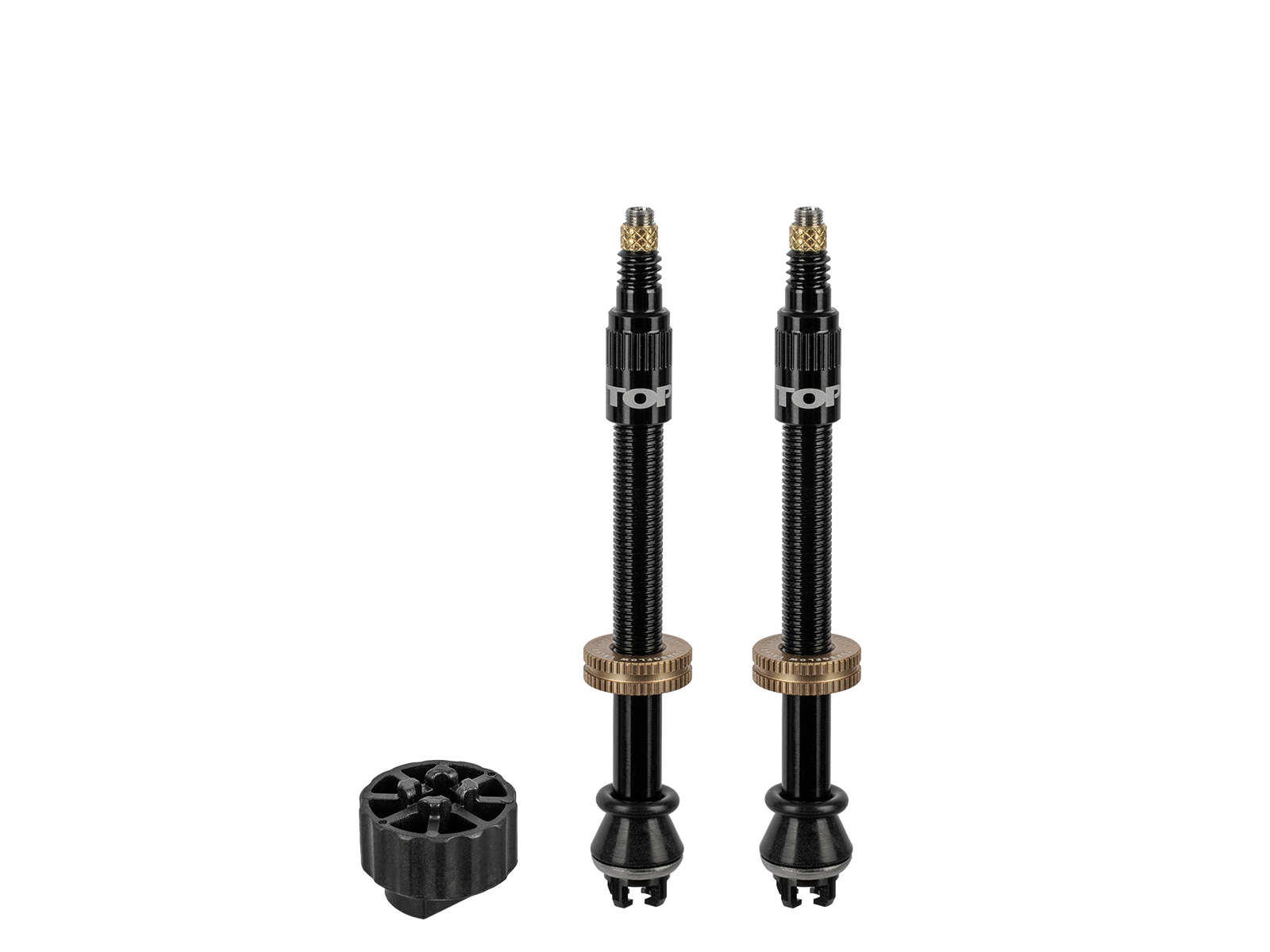 Zwei mittellange schwarze Tubeless-Ventile mit goldfarbenen Rändelmuttern und Ventilkappen, daneben ein kleines schwarzes Werkzeug zur Ventilmontage, auf weißem Hintergrund.