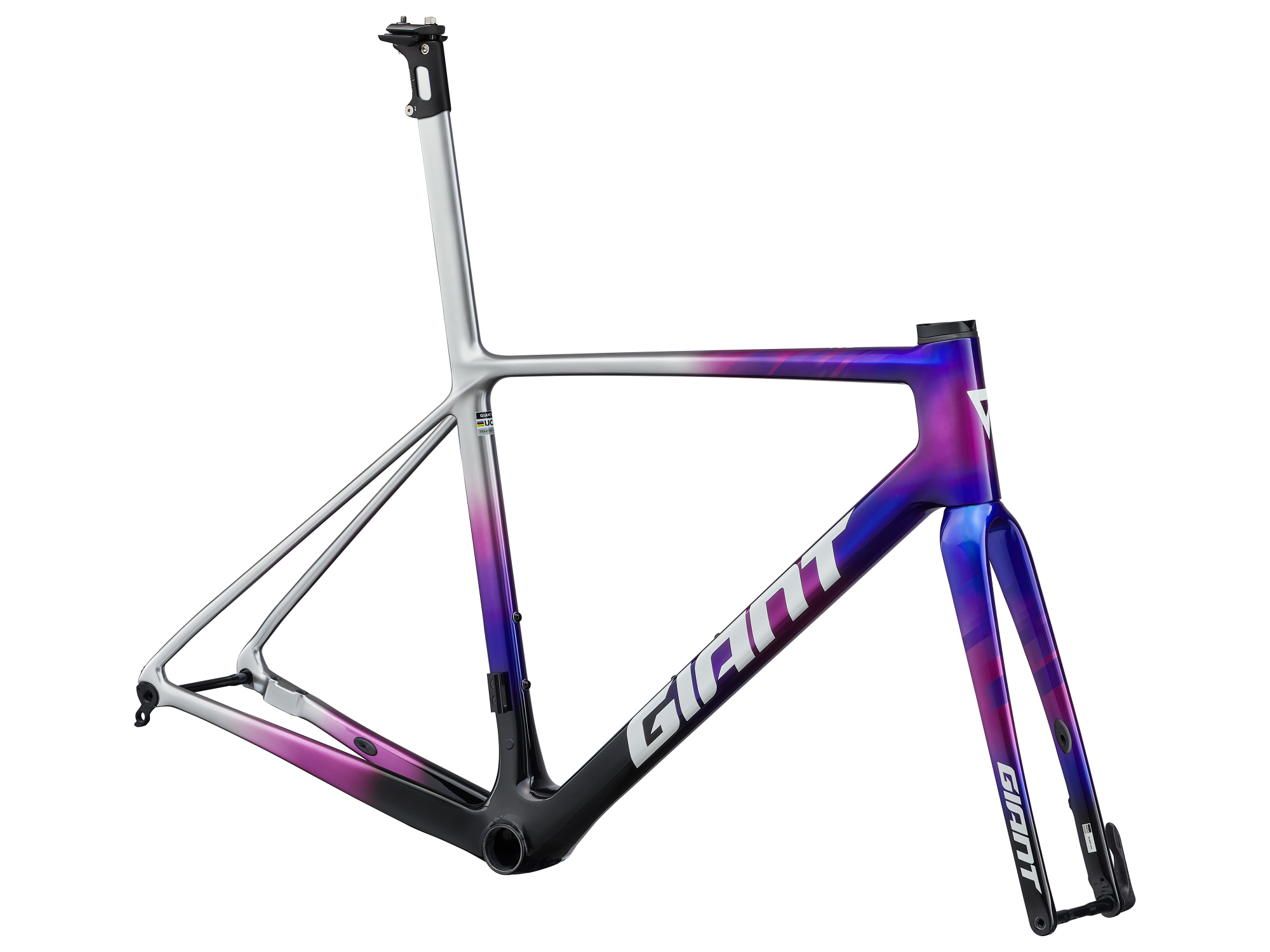 Giant Rennrad-Rahmen mit Gabel TCR Advanced SL Team aus Carbon mehrfarbig in silber, pink, lila, schwarz überlauffend, Ansicht von schräg vorne