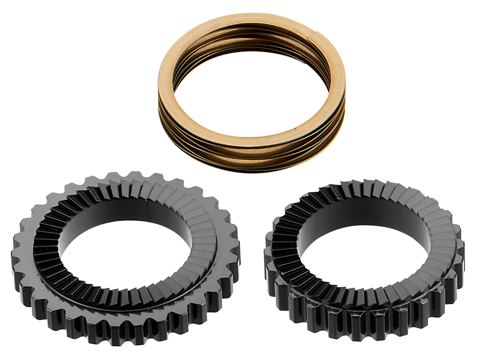 Cadex Ratchet Kit 48T Nabenteile in Schwarz und Gold mit verzahnten Zahnscheiben und Federringen in Detailansicht.