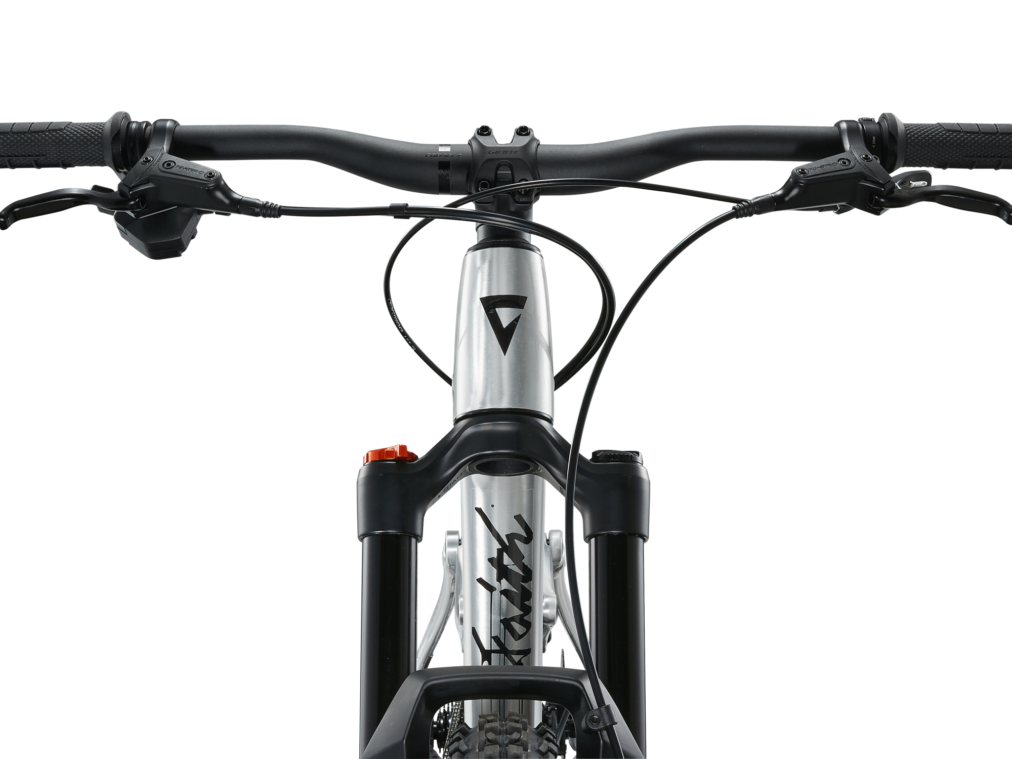 Giant Faith 24 Mountainbike in Raw Aluminium mit Cockpit und Bremshebeln in Frontansicht.