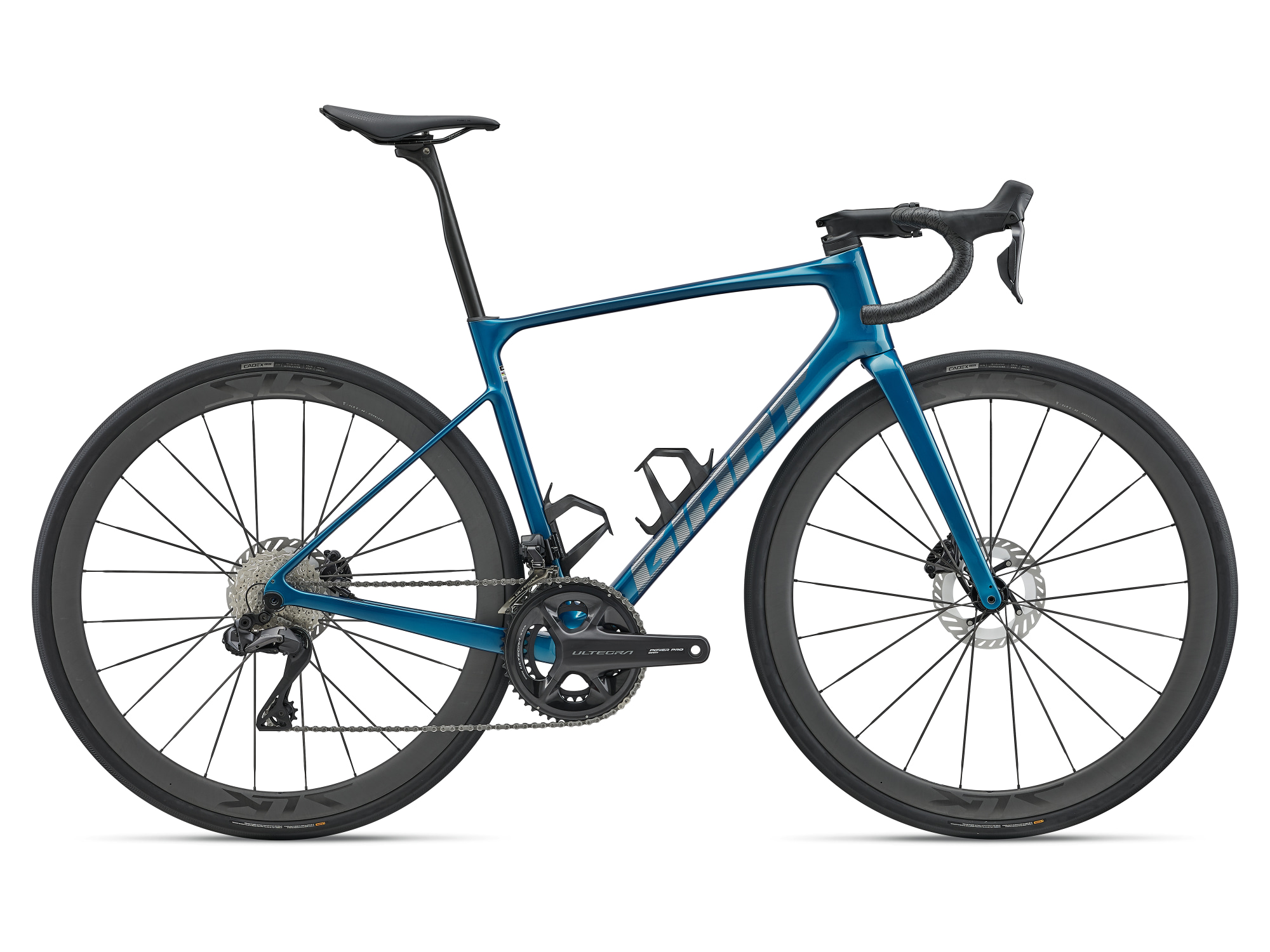 Giant Defy Advanced Pro 0 Rennvelo in Lagoon mit Carbonrahmen und Scheibenbremsen in Seitenansicht.