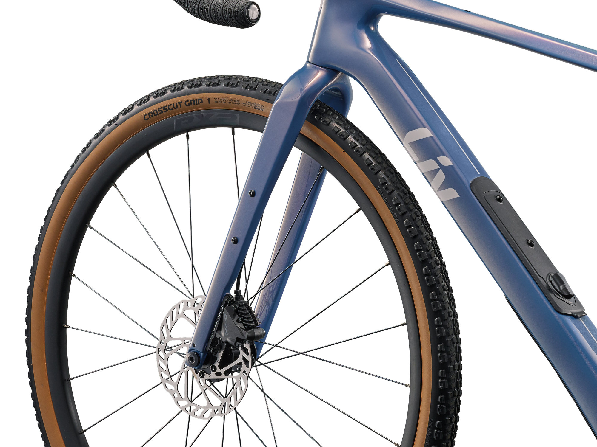 Liv Damen-Gravelbike  Devote Advanced 2, Detailansicht auf die blaue Carbongabel und die voredere Scheibenbremse