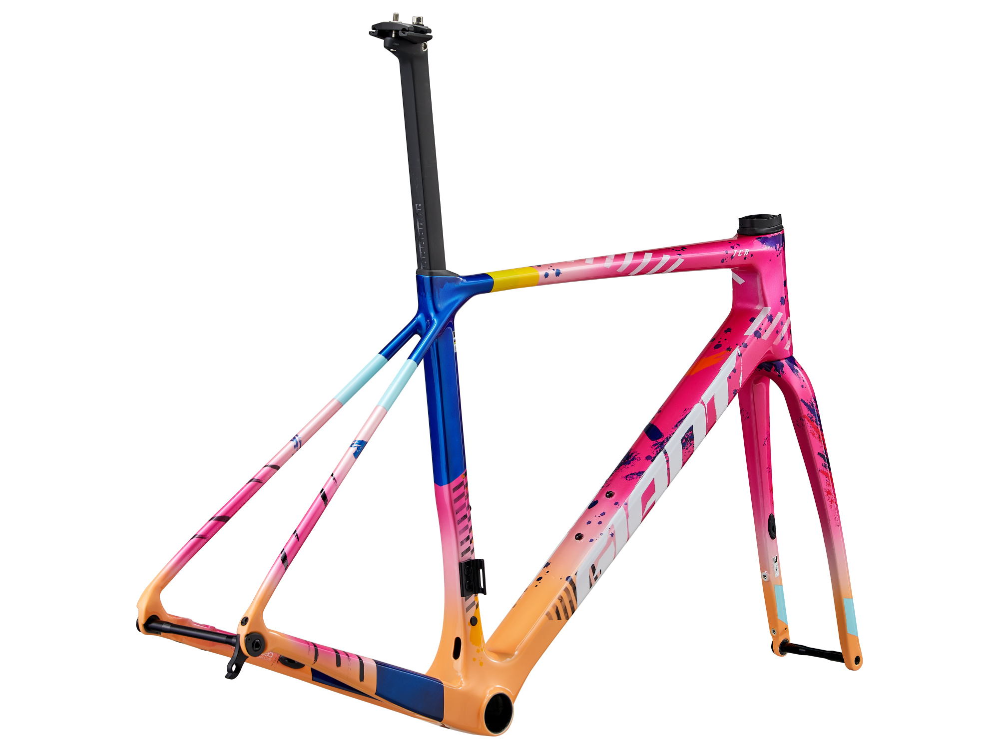 Giant Rahmendset TCR-Advanced aus Carbon mit Gabel und Sattelstütze, Farbe pink,,orange, blau, gelb gemustert, Ansicht von schräg hinten