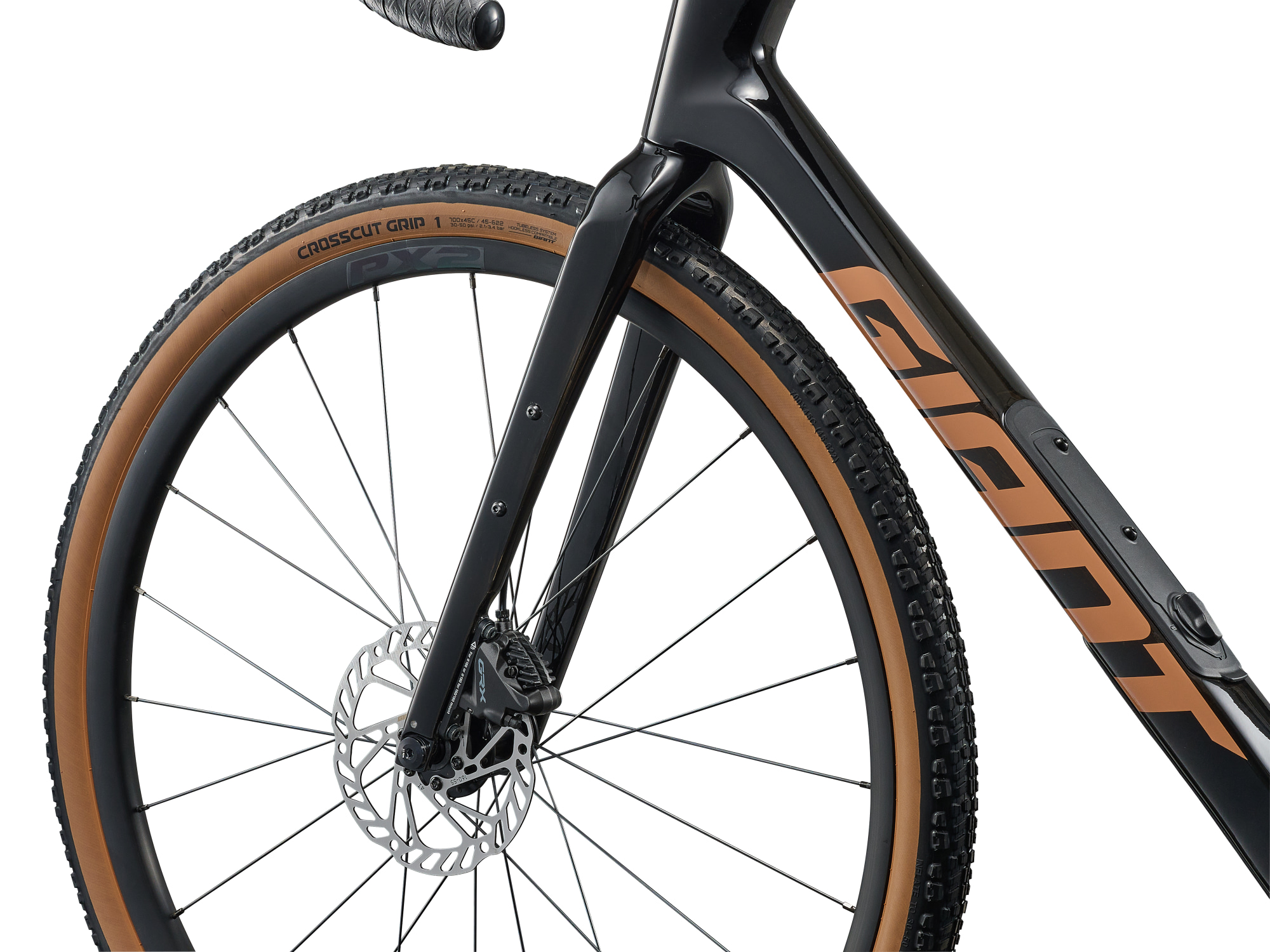 Gravelbike der Marke Giant, Modell Revolt Advanced 2 in dunklem schwarz, Detailansicht Gabel und vordere Scheibenbremse