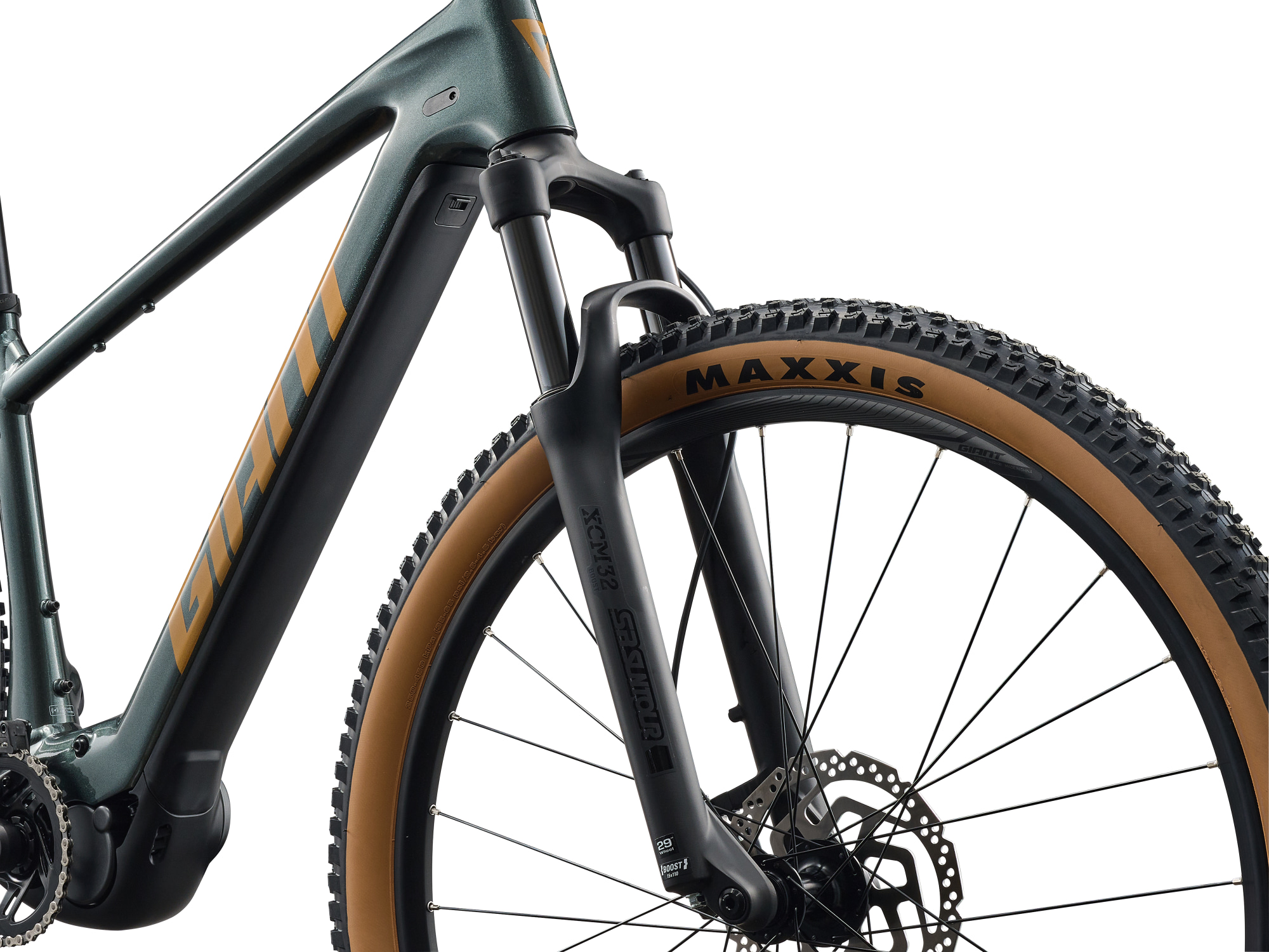Giant E-MTB Talon E+ ind dunklem grün , Detailansicht Federgabel und Akkuabdeckung am Unterrohr