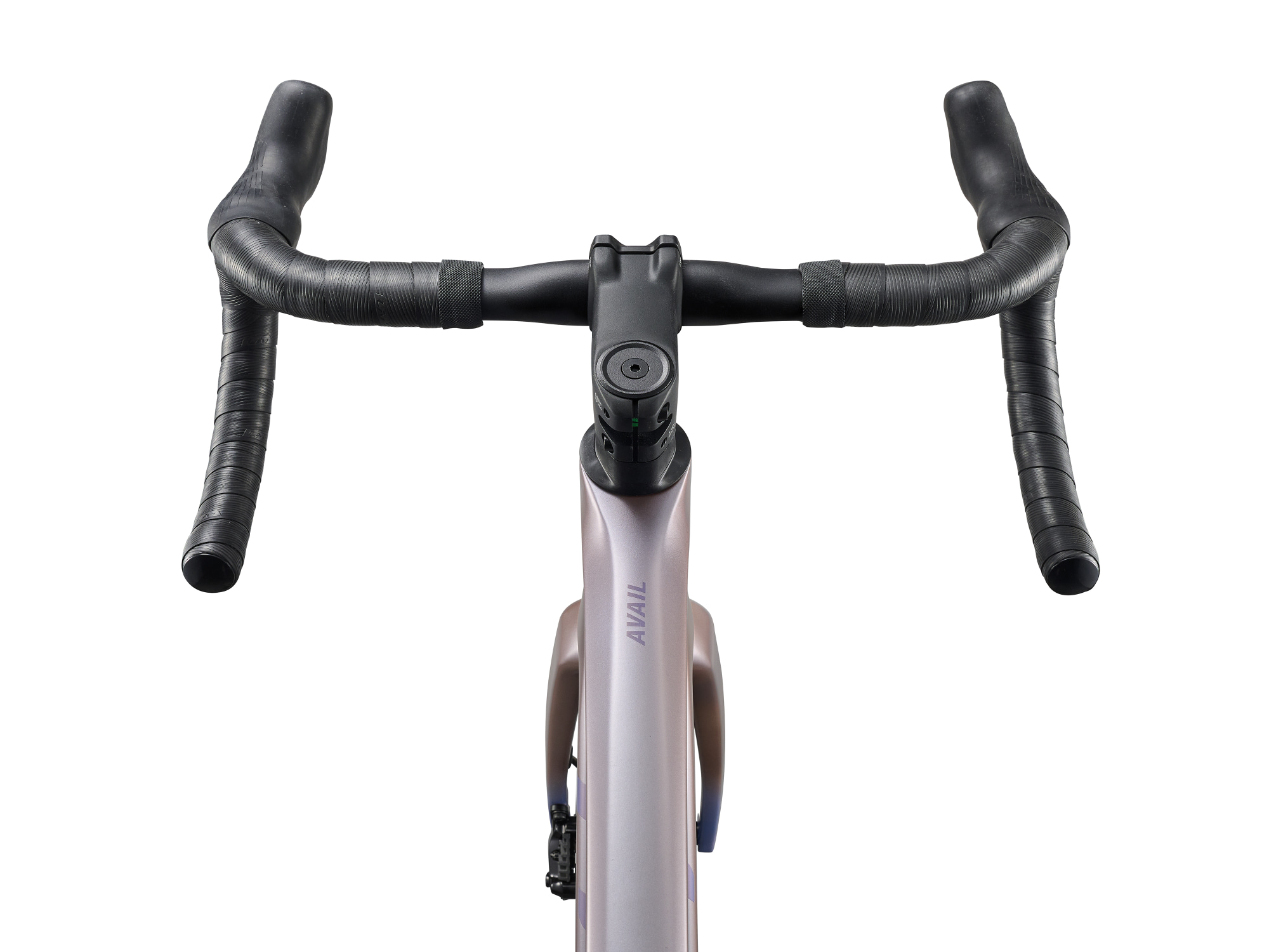 Liv Avail Advanced 1 Rennvelo in Shell White mit Rennlenker und integriertem Vorbau in Oberansicht.