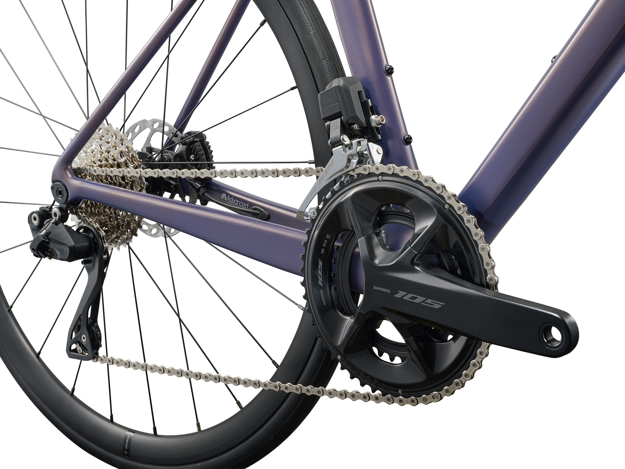 Liv Damen-Rennvelo Langma Advanced 1 mit Carobn-Rahmen, -Gabel und -Laufrädern in einem rauchigen lila, Detailansicht Hinterbau mit Blick auf Schaltung