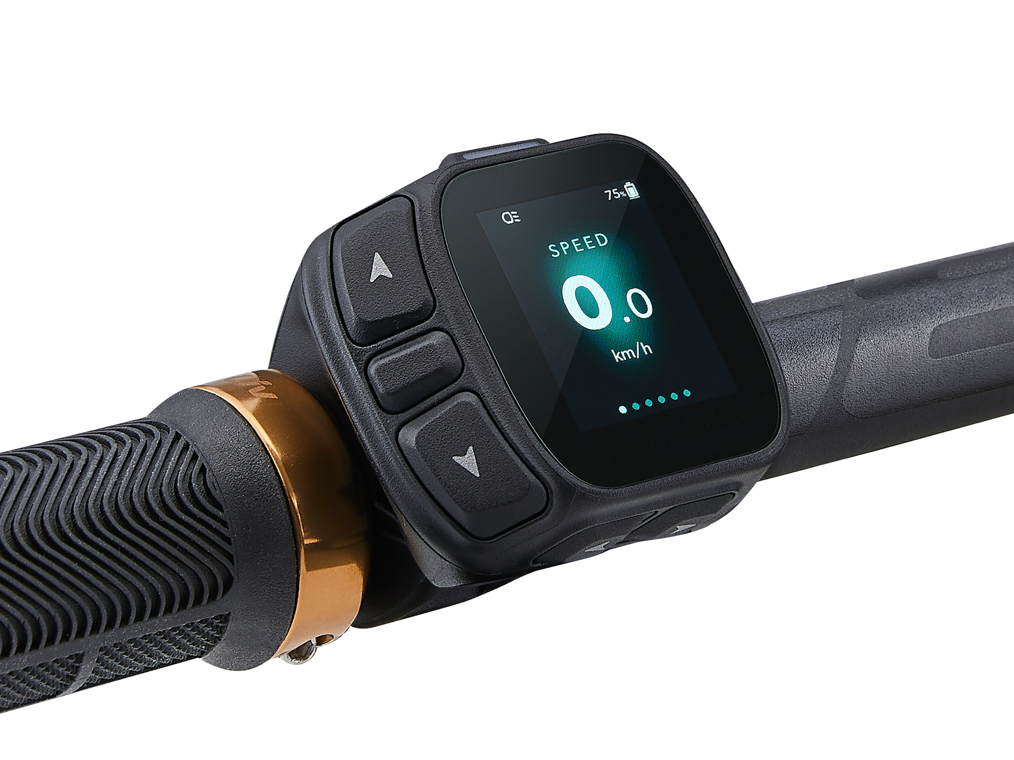 Liv Embolden E+ 0 E-Mountainbike in Atmosphere Black mit RideControl Display am Lenker.
