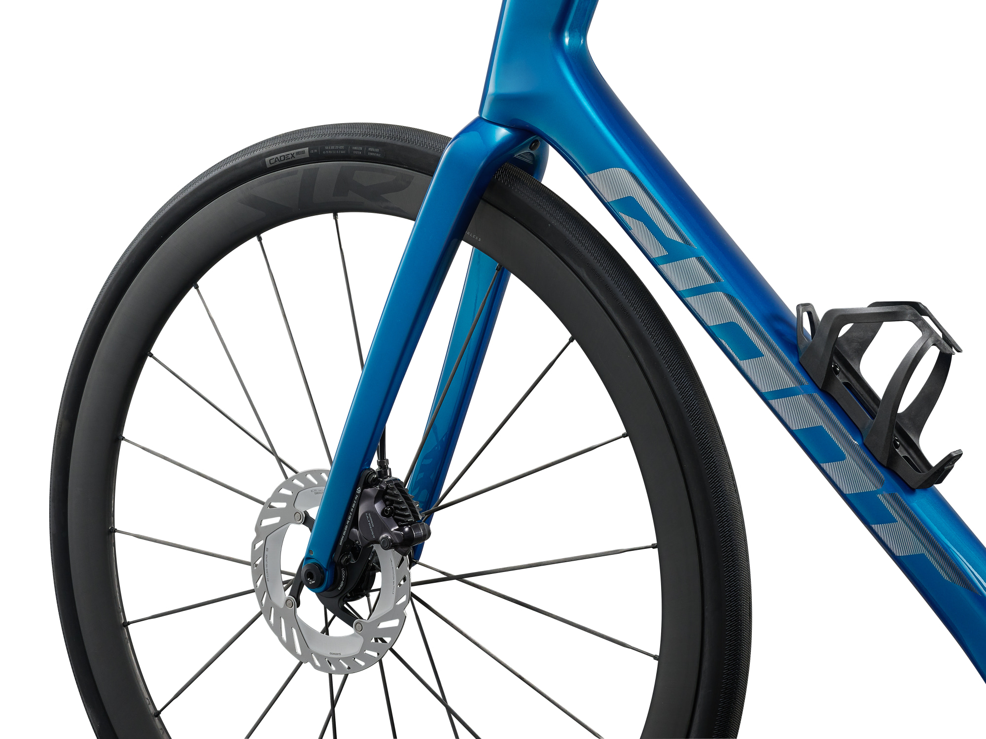 Giant Defy Advanced Pro 0 Rennvelo in Lagoon mit Vorderrad-Scheibenbremse und Carbongabel im Detail.