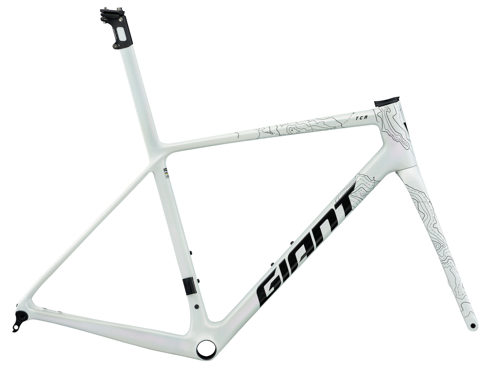 Giant Rennrad-Rahmen und Gabel, TCR Advanced SL aus Carbon in weiss mit schwarzer Aufschrifft und geographischen Linien, Seitenansciht