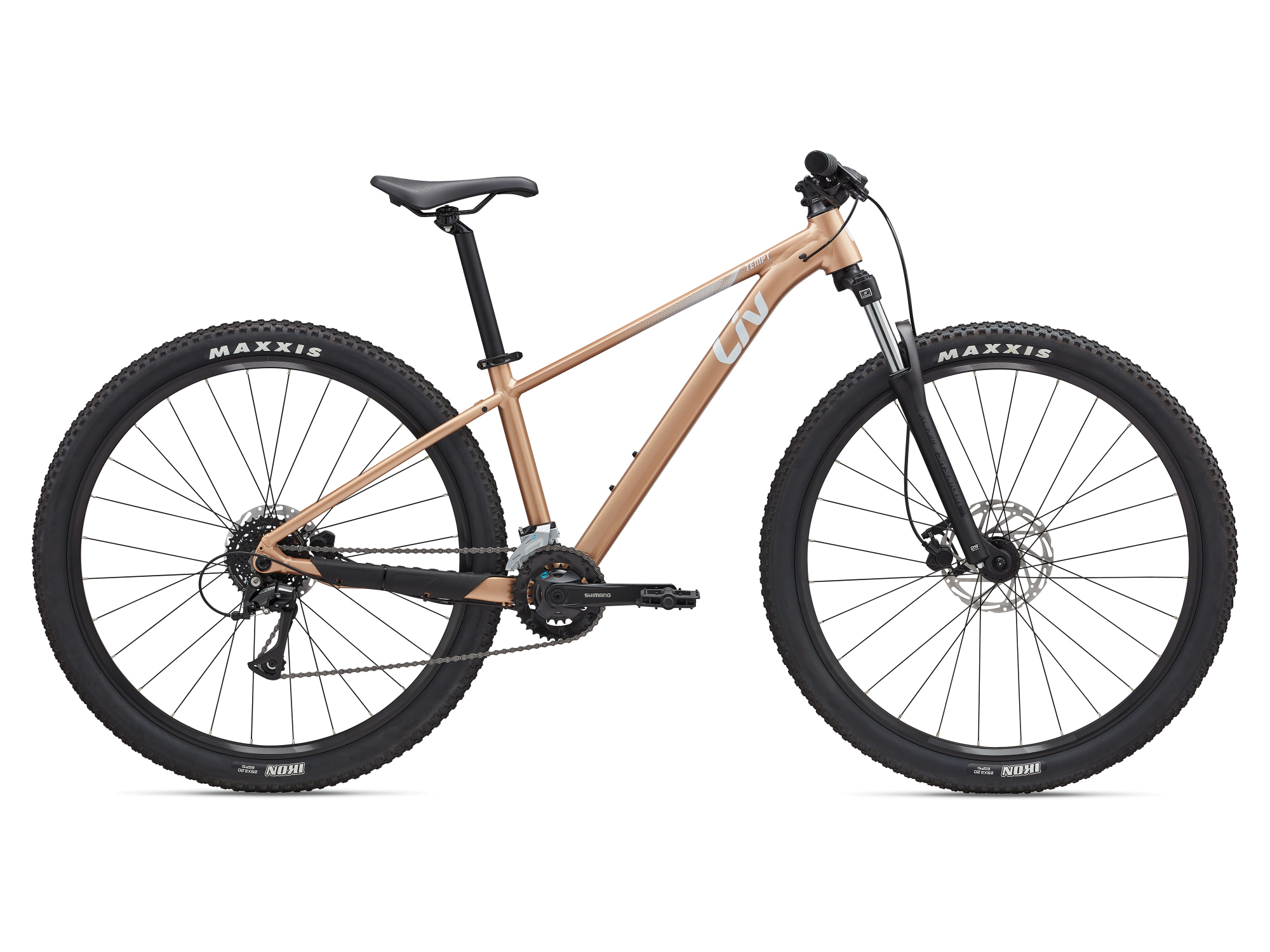 Liv Damen-MTB Hardtail in hellem bronze mit weisser aufschrift und schwarzen Komponenten, Seitenansicht