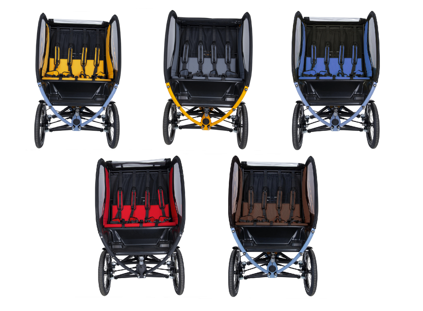 Einblick in 5 Chike E-Kids Kabinen mit je 5 unterschiedlichen Farben der Polster