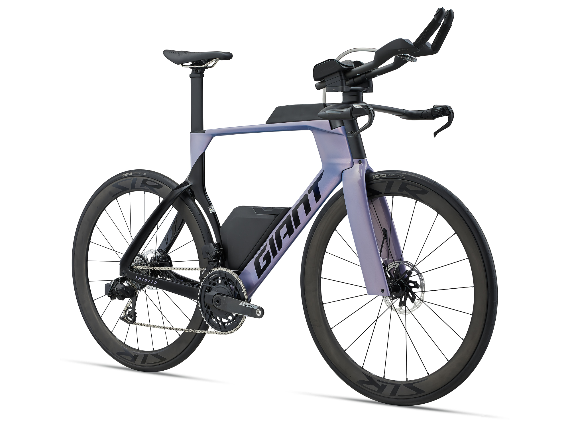 Giant Trinity Advanced SL Zeitfahrrad in Ember Violet Carbon mit Aero-Cockpit und tiefen Carbon-Laufrädern.
