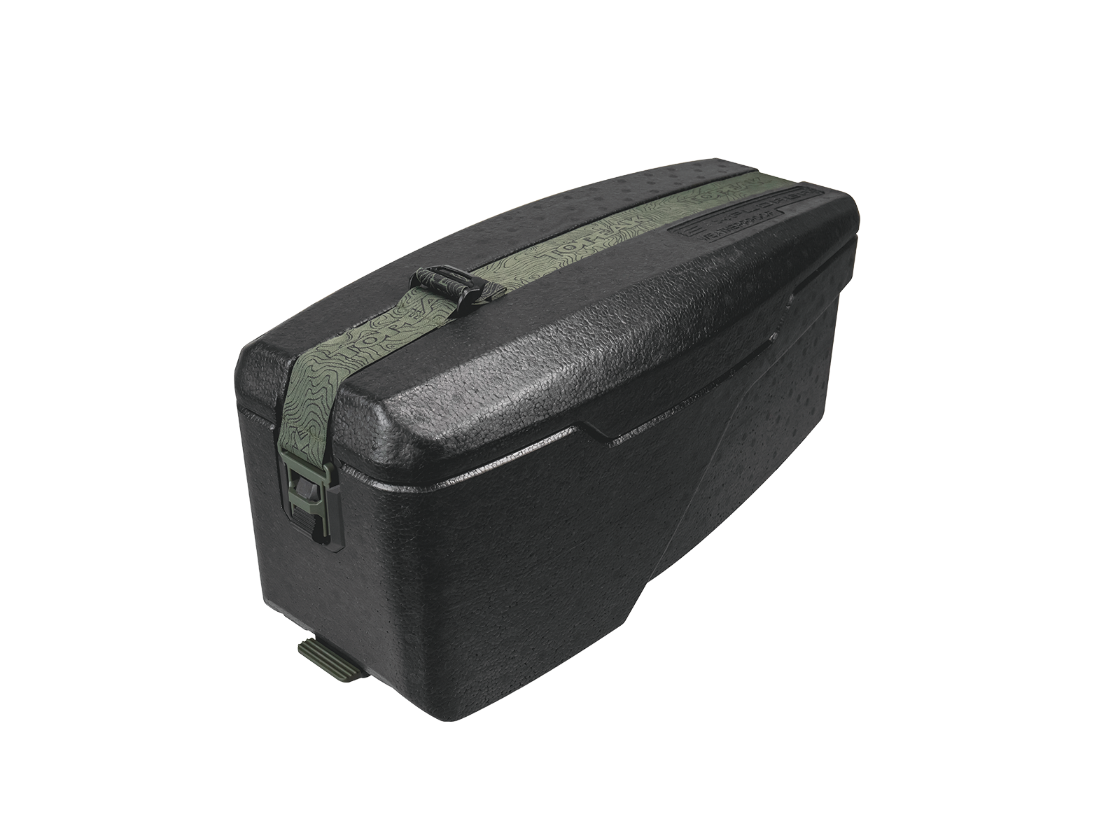 Topeak E-Xplorer TrunkBox in Schwarz mit wetterfester Hartschale und grünem Spanngurt.