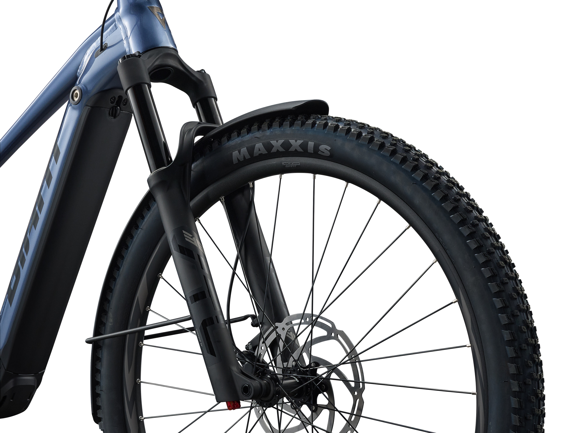 Giant Fathom E+ 1 EX E-Mountainbike in Thundercloud mit Federgabel und breitem MAXXIS Vorderreifen.