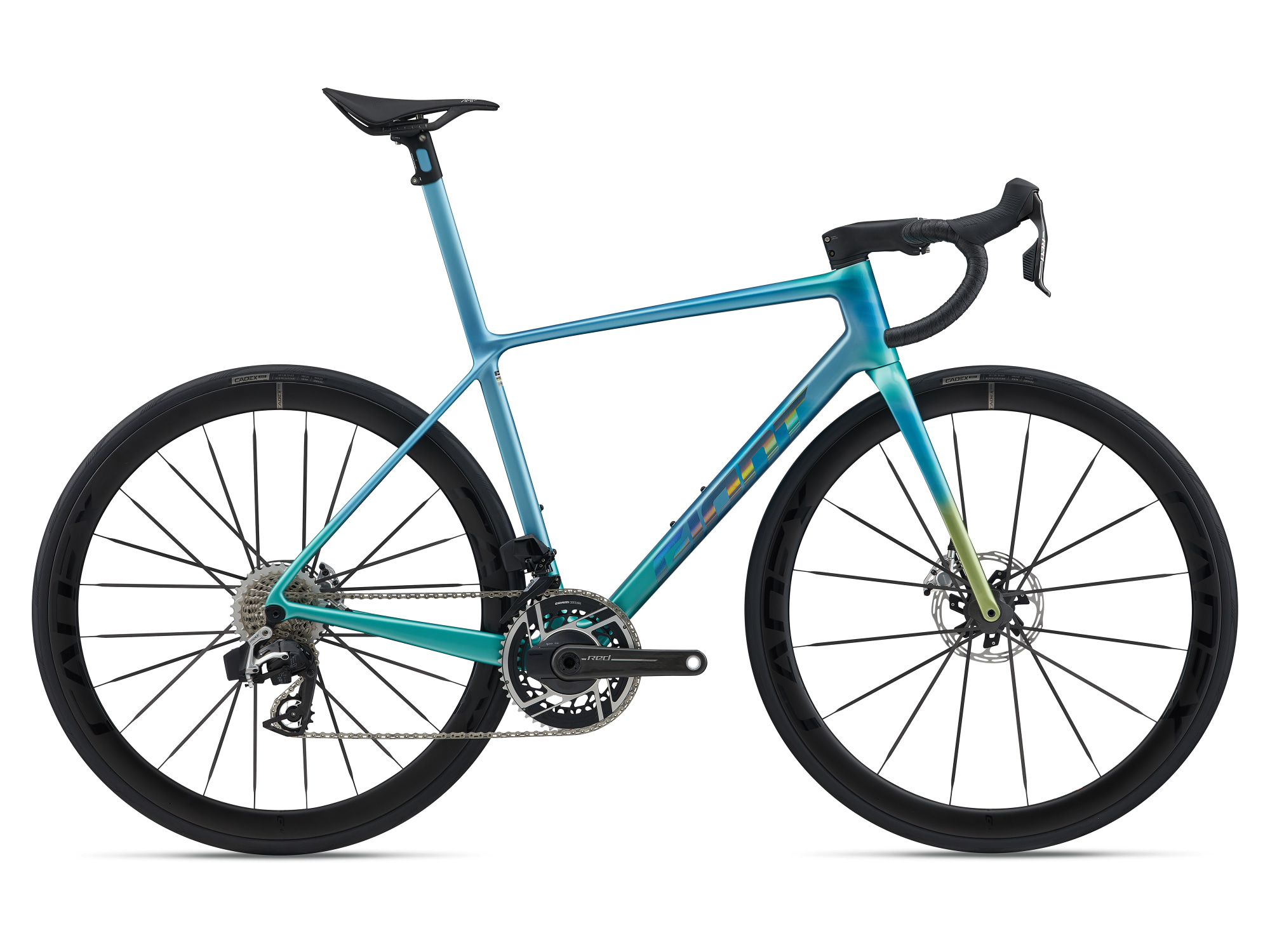 Giant Rennrad TCR Advanced SL 0 mit Carbon-Rahmen, -Gabel und -Laufrädern, in hellblau überlaufend in türkis und grün, Aufschrifft schimmernd, mit SRAM red
