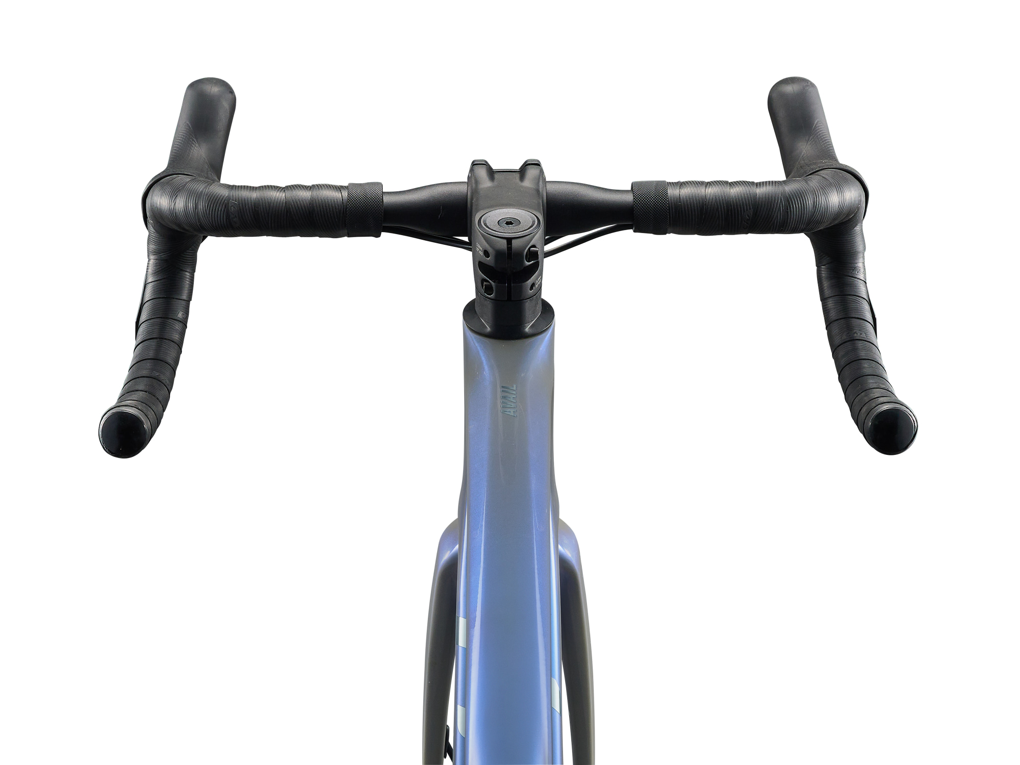 Liv Damen-Rennrad Avail Advanced 2 aus Carbon mit Carbon-Gabel und Carbon-Laufrädern in hellblau/grau, Detailansicht Lenkereinheit von Oben