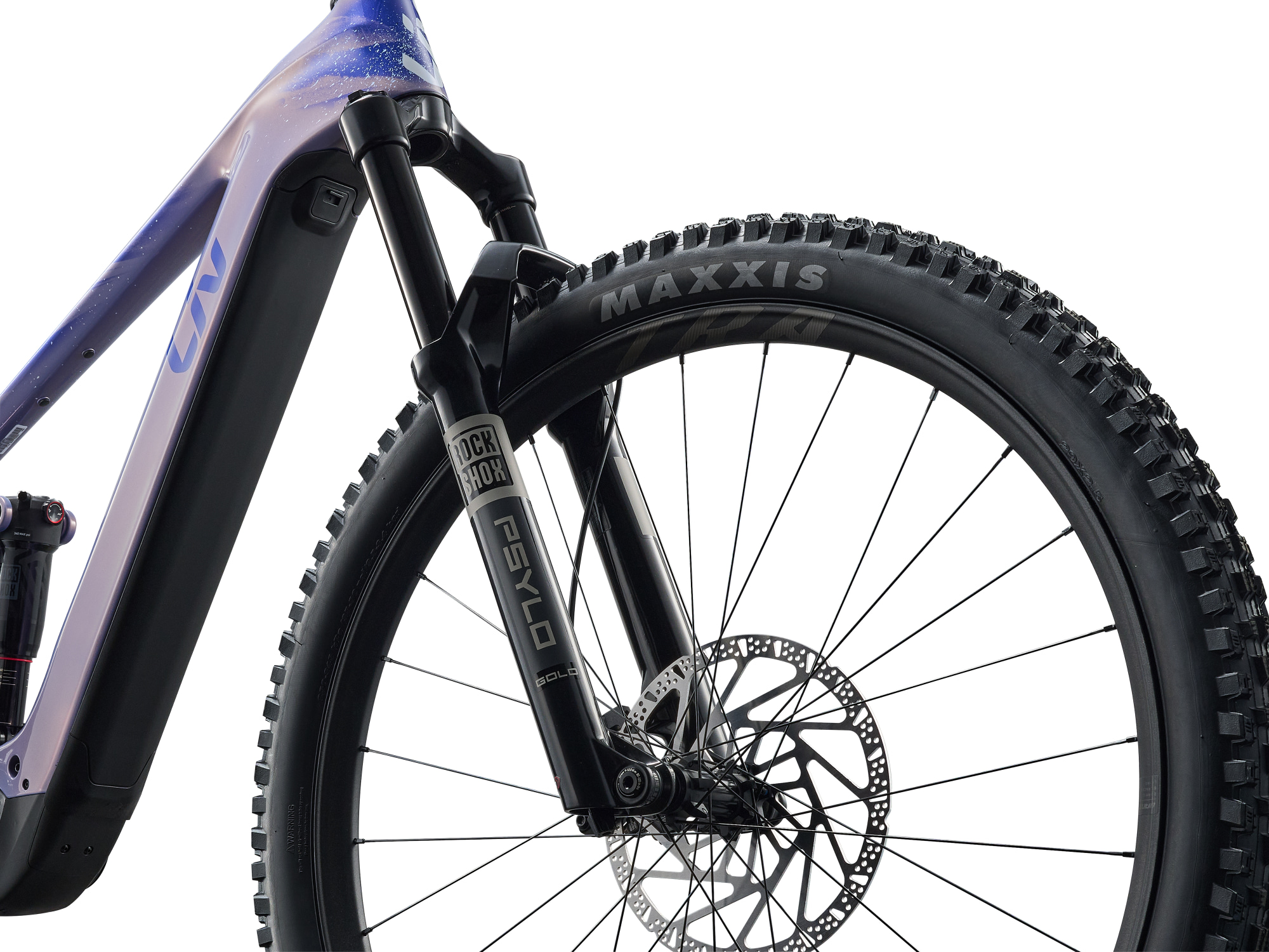 Liv Intrigue Advanced E+ 2 E-Mountainbike mit RockShox Federgabel und Maxxis Vorderreifen.