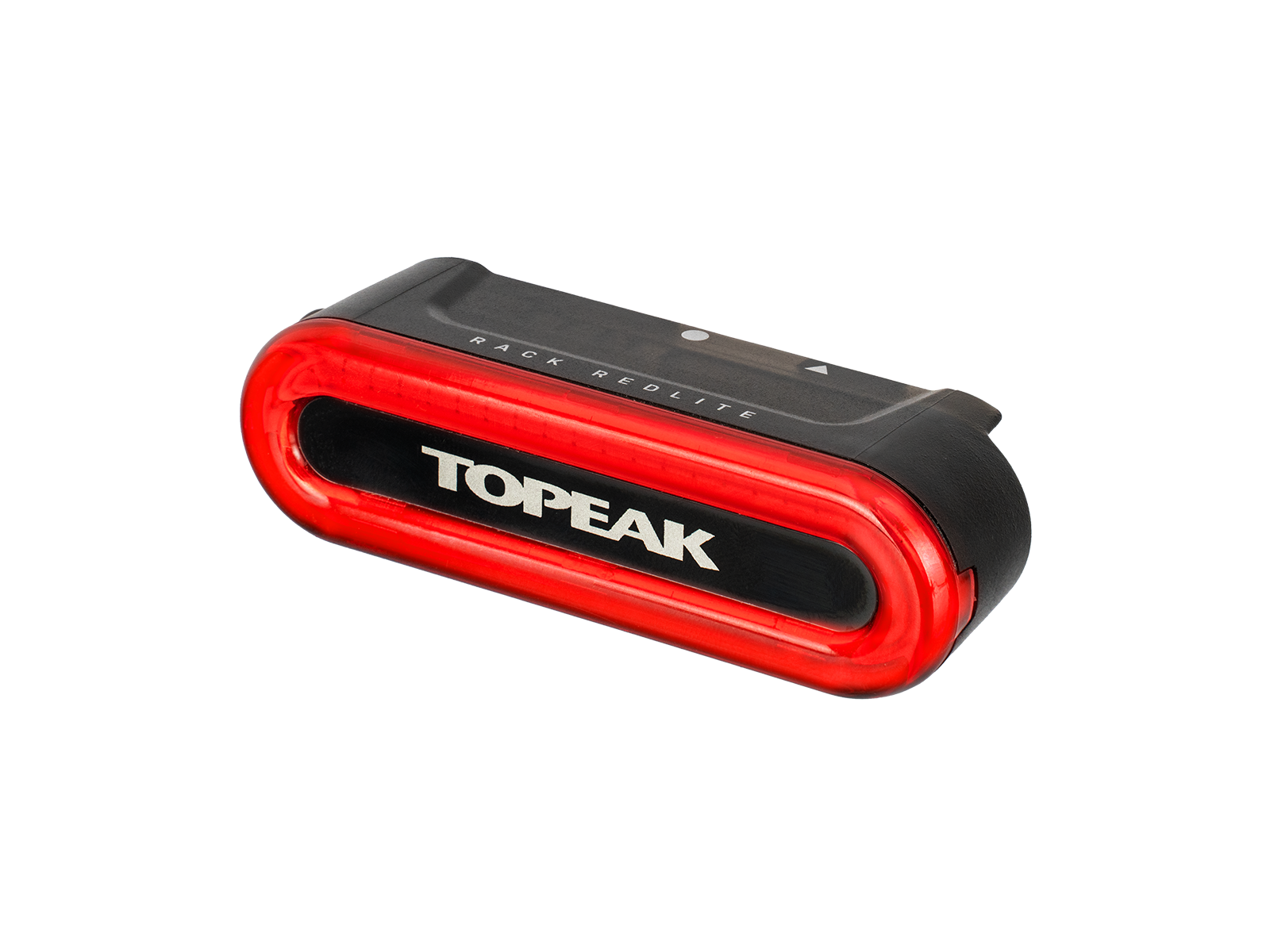 Topeak Rack Redlite Ruecklicht in Schwarz-Rot aus schraeger Perspektive mit robustem Gehaeuse.