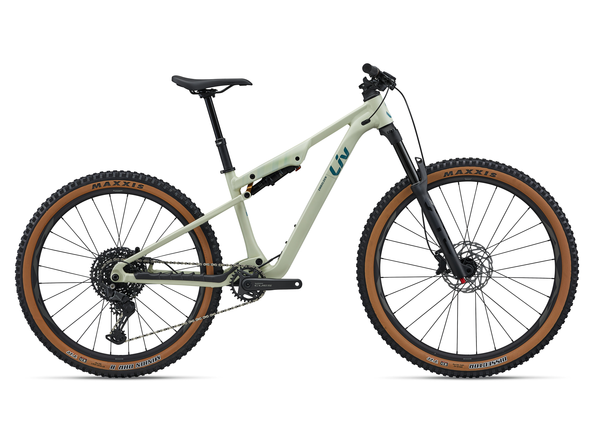 Liv Embolden Mountainbike in Pale Moss mit Vollfederung und Maxxis-Reifen in Seitenansicht.